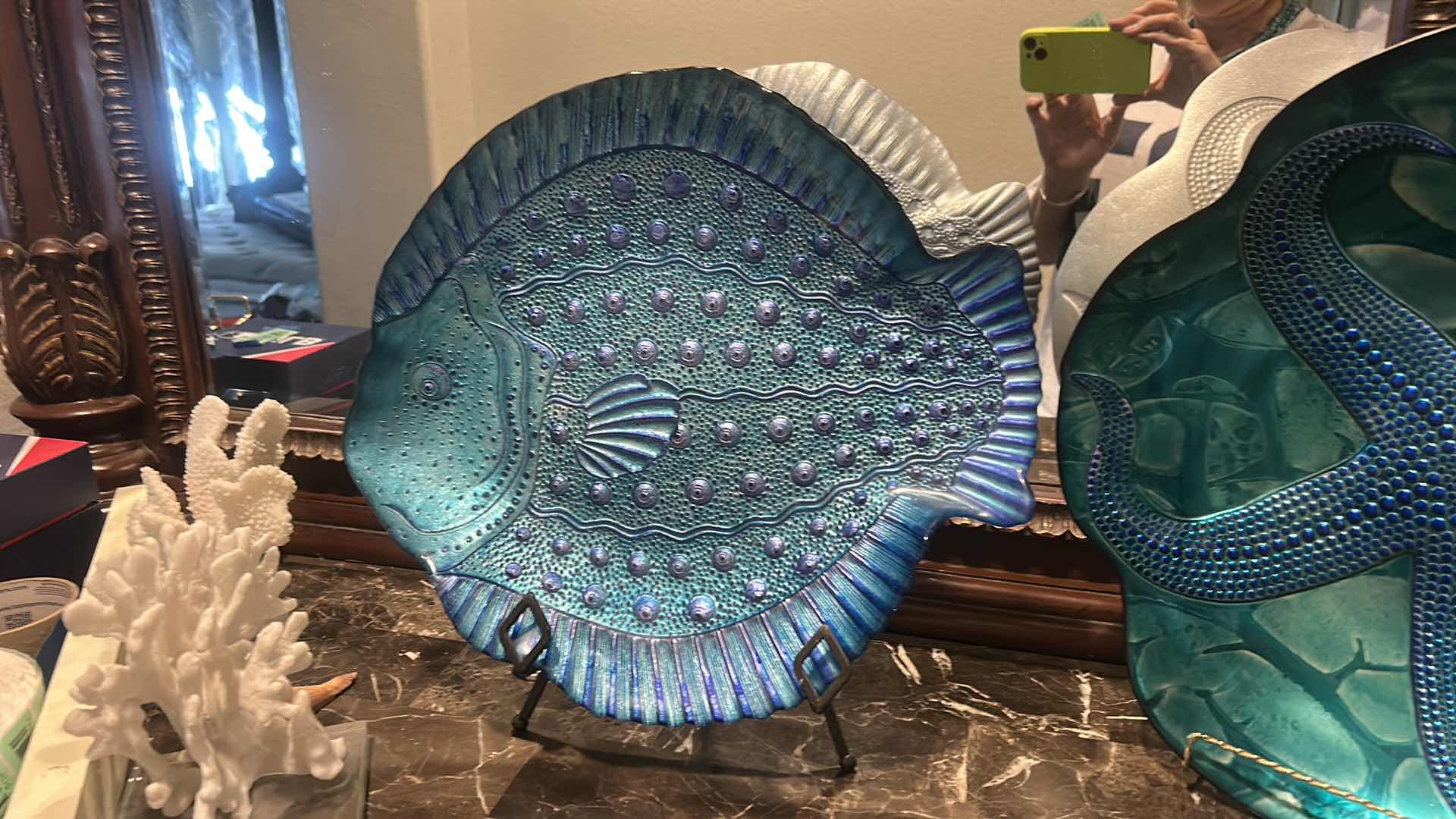 Photo 1 of OCEAN THEMED DECOR GLASS PLATES/BOWLS (FISH 15.25”) CORAL, SHELLS AND WOOD MERMAID SIGN