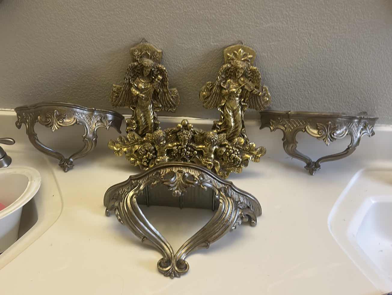 Photo 1 of 6 PC - ORNATE GOLD RESIN HOME DECOR WALL SCONCE SHELVES AND ANGELS ( LARGEST 14.5” X 6.5” X H8”)