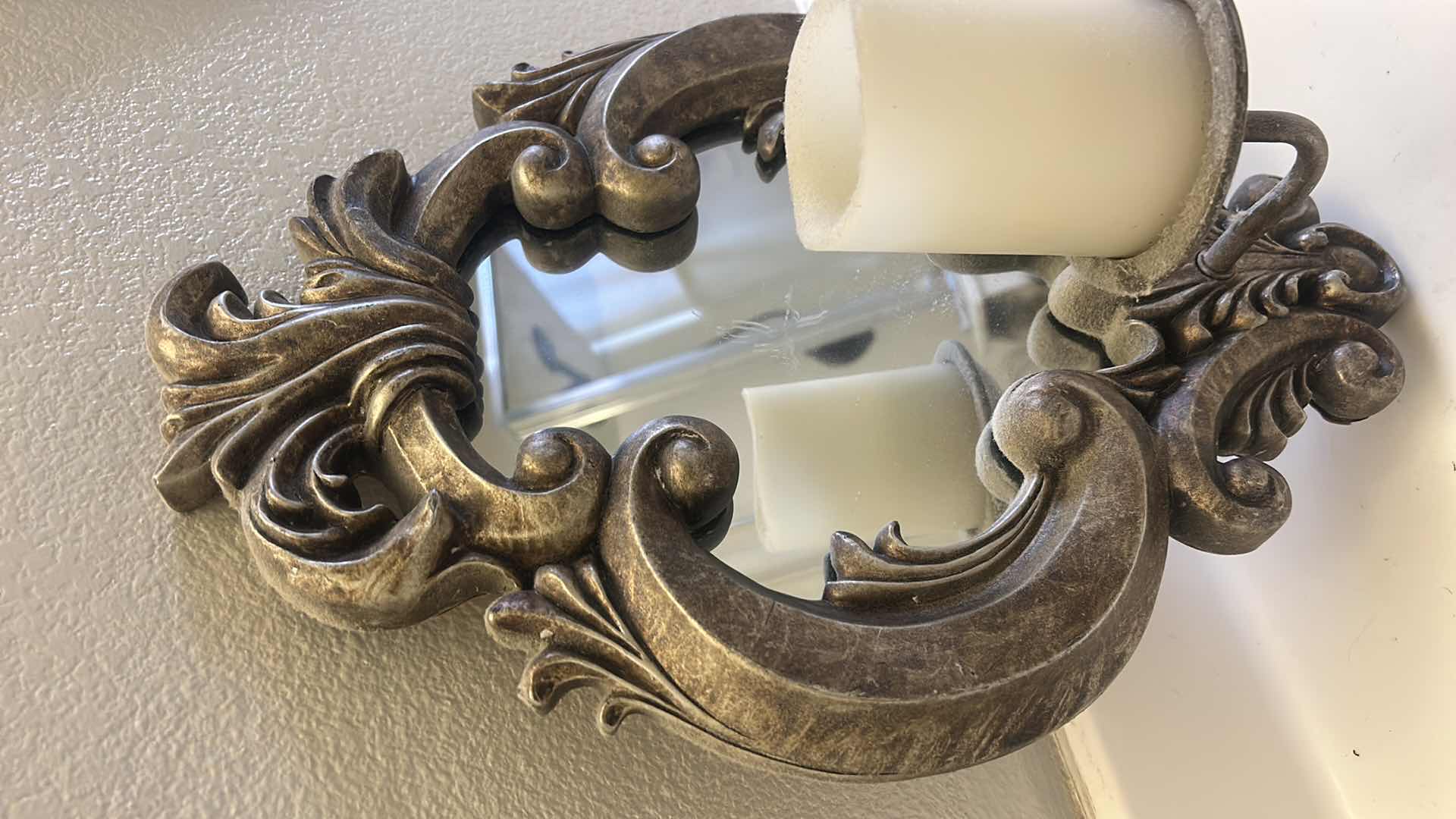 Photo 1 of ORNATE WOOD AND METAL WALL SCONCE MIRRORED CANDLE HOLDER 13“ x H18“