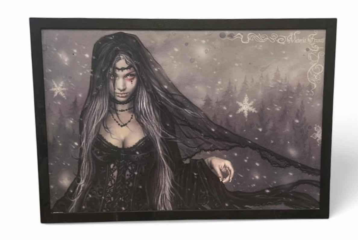 Photo 1 of BLACK WOOD FRAMED, TEXTURED VICTORIA FRANCES “ WINTER GOTH” SPOOKY ARTWORK FOR HALLOWEEN AND MORE 38” x H26 1/2”