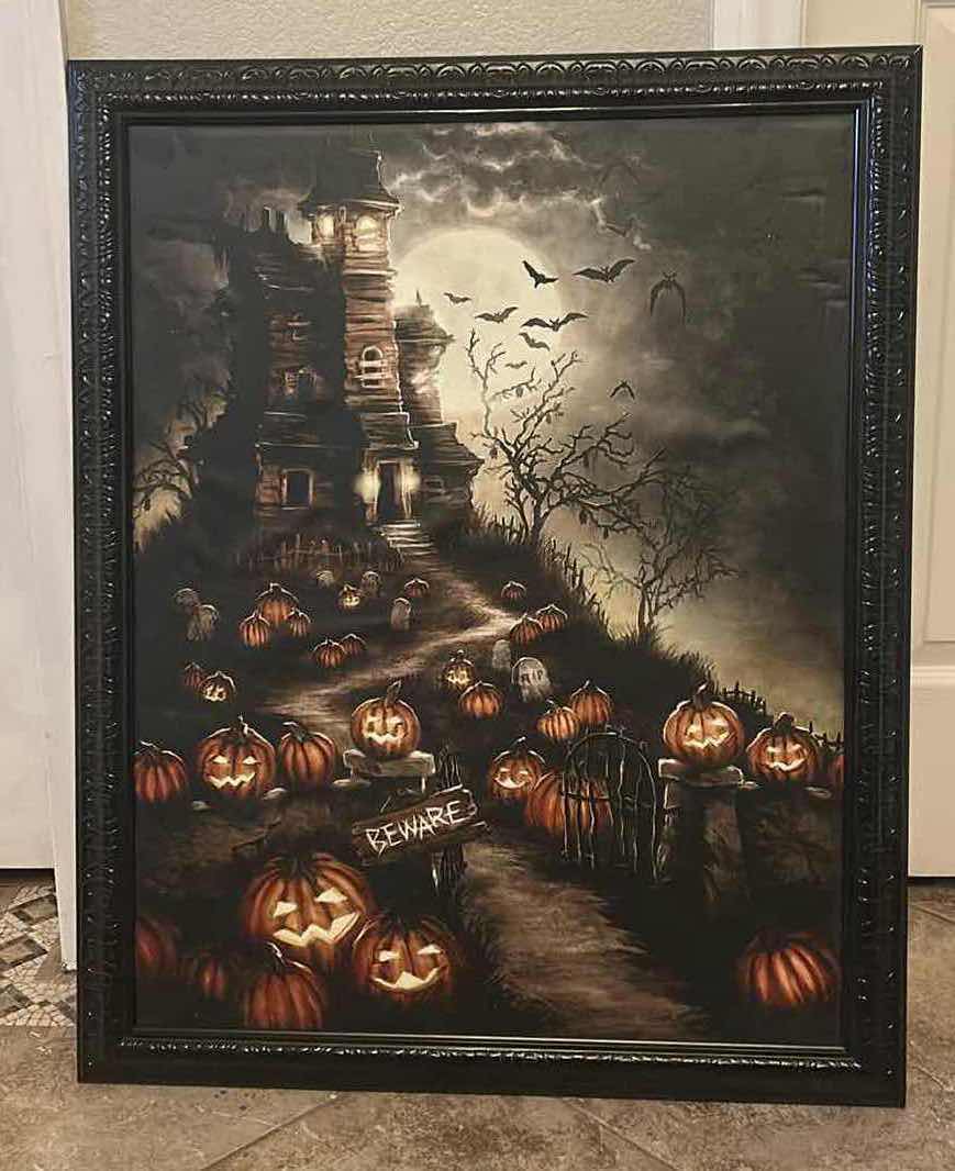 Photo 1 of BLACK WOOD FRAMED BATTERY OPERATED LIGHT UP HAUNTED HOUSE ARTWORK FOR HALLOWEEN AND MORE 
25” x 31”