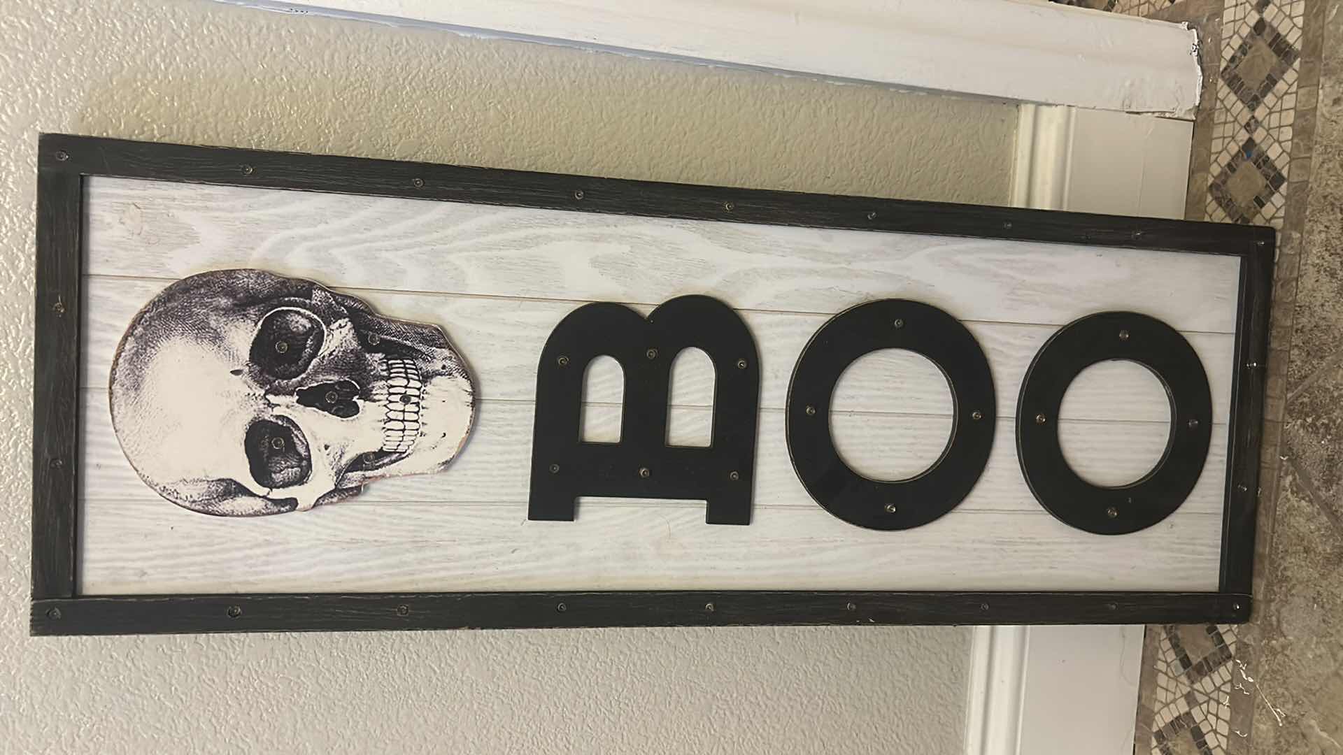 Photo 1 of BLACK WOOD FRAMED, BATTERY OPERATED, LIGHT UP SKELETON BOO DECOR FOR HALLOWEEN AND MORE 10” x H28”