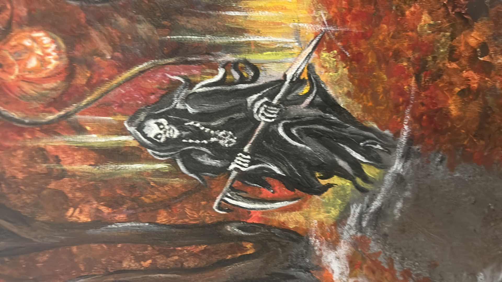 Photo 1 of WOOD FRAMED, PAINT ON CANVAS , “THE GRIM REEPER” SIGNED ARTWORK FOR HALLOWEEN AND MORE 27.5 X H23.5”