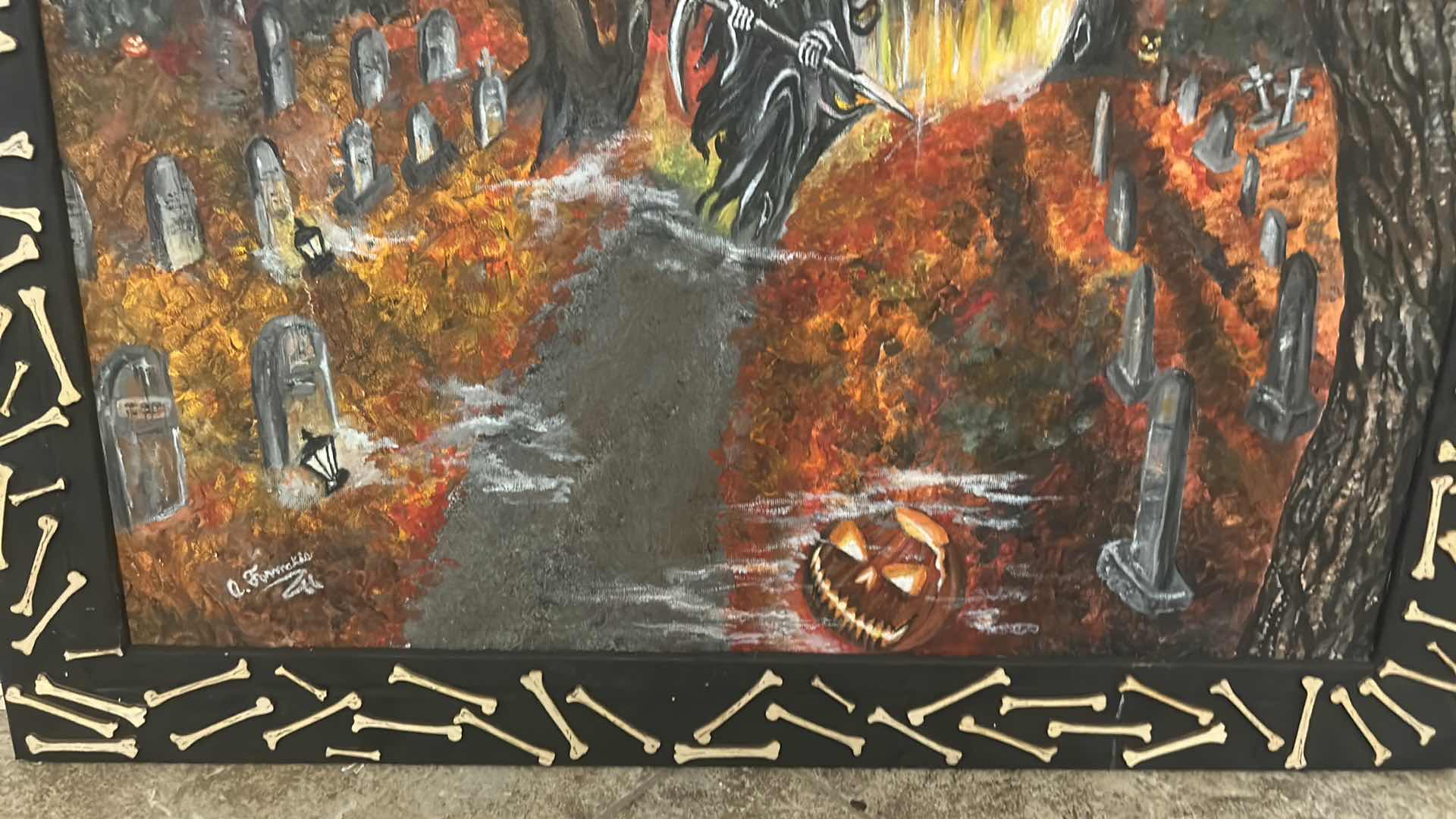 Photo 1 of WOOD FRAMED, PAINT ON CANVAS , “THE GRIM REEPER” SIGNED ARTWORK FOR HALLOWEEN AND MORE 27.5 X H23.5”