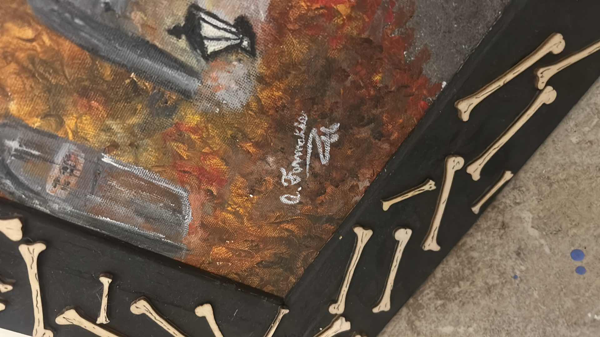 Photo 1 of WOOD FRAMED, PAINT ON CANVAS , “THE GRIM REEPER” SIGNED ARTWORK FOR HALLOWEEN AND MORE 27.5 X H23.5”