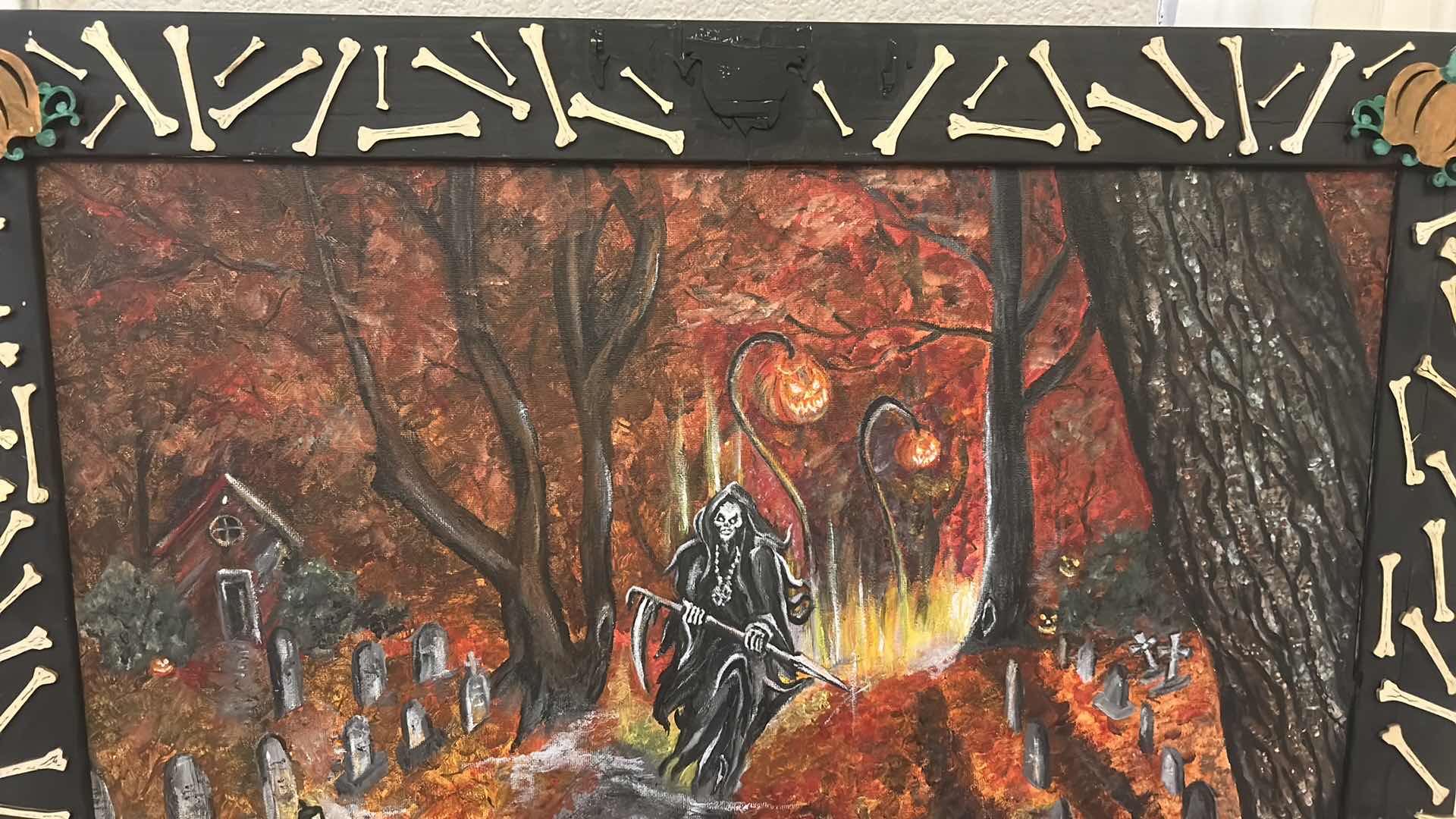 Photo 1 of WOOD FRAMED, PAINT ON CANVAS , “THE GRIM REEPER” SIGNED ARTWORK FOR HALLOWEEN AND MORE 27.5 X H23.5”