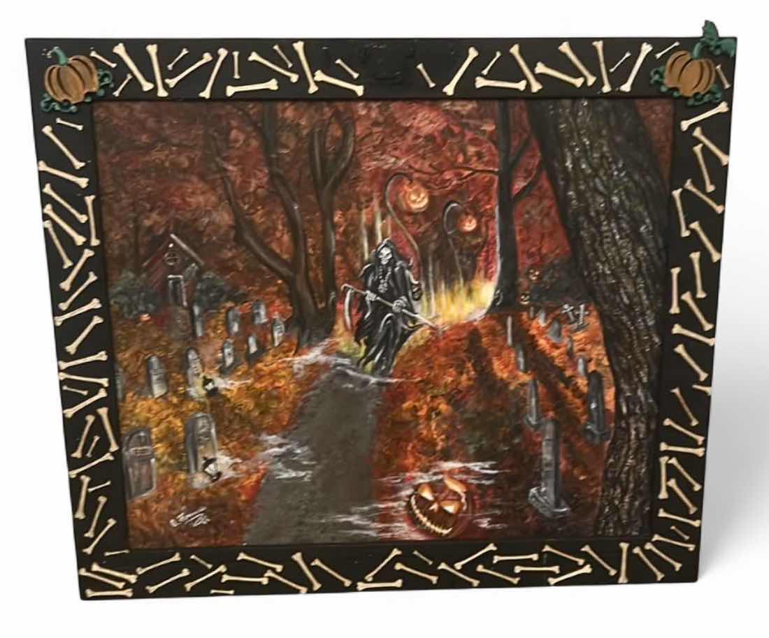 Photo 1 of WOOD FRAMED, PAINT ON CANVAS , “THE GRIM REEPER” SIGNED ARTWORK FOR HALLOWEEN AND MORE 27.5 X H23.5”