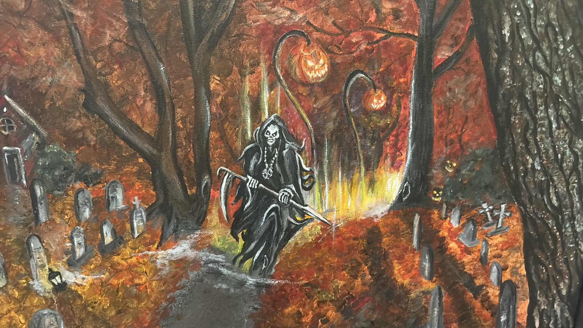 Photo 1 of WOOD FRAMED, PAINT ON CANVAS , “THE GRIM REEPER” SIGNED ARTWORK FOR HALLOWEEN AND MORE 27.5 X H23.5”