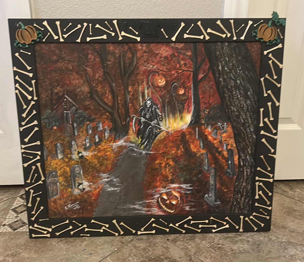 Photo 1 of WOOD FRAMED, PAINT ON CANVAS , “THE GRIM REEPER” SIGNED ARTWORK FOR HALLOWEEN AND MORE 27.5 X H23.5”