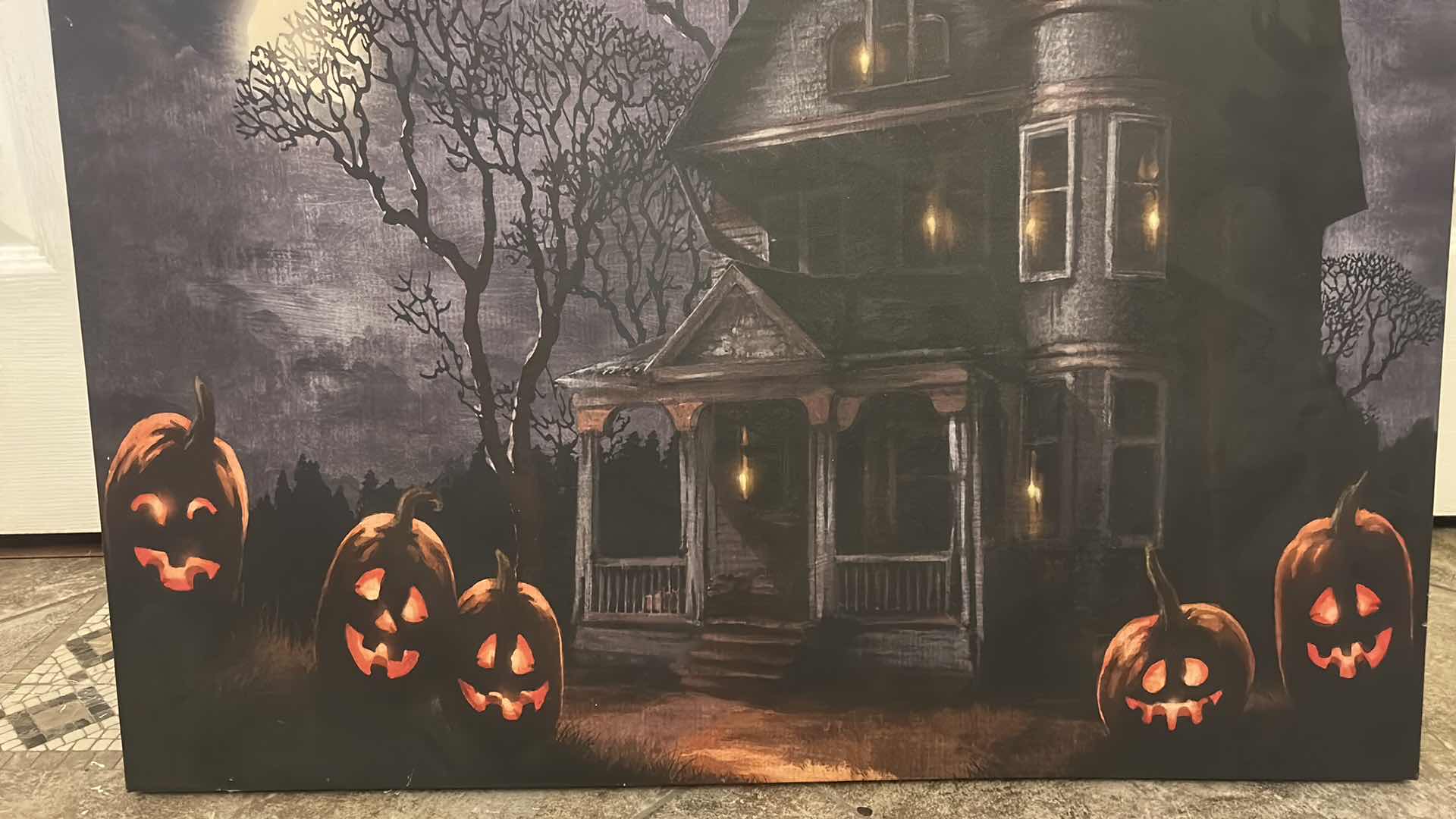 Photo 1 of STRETCHED CANVAS BATTERY OPERATED LIGHT UP HAUNTED HOUSE ARTWORK 25 1/2” x H20”