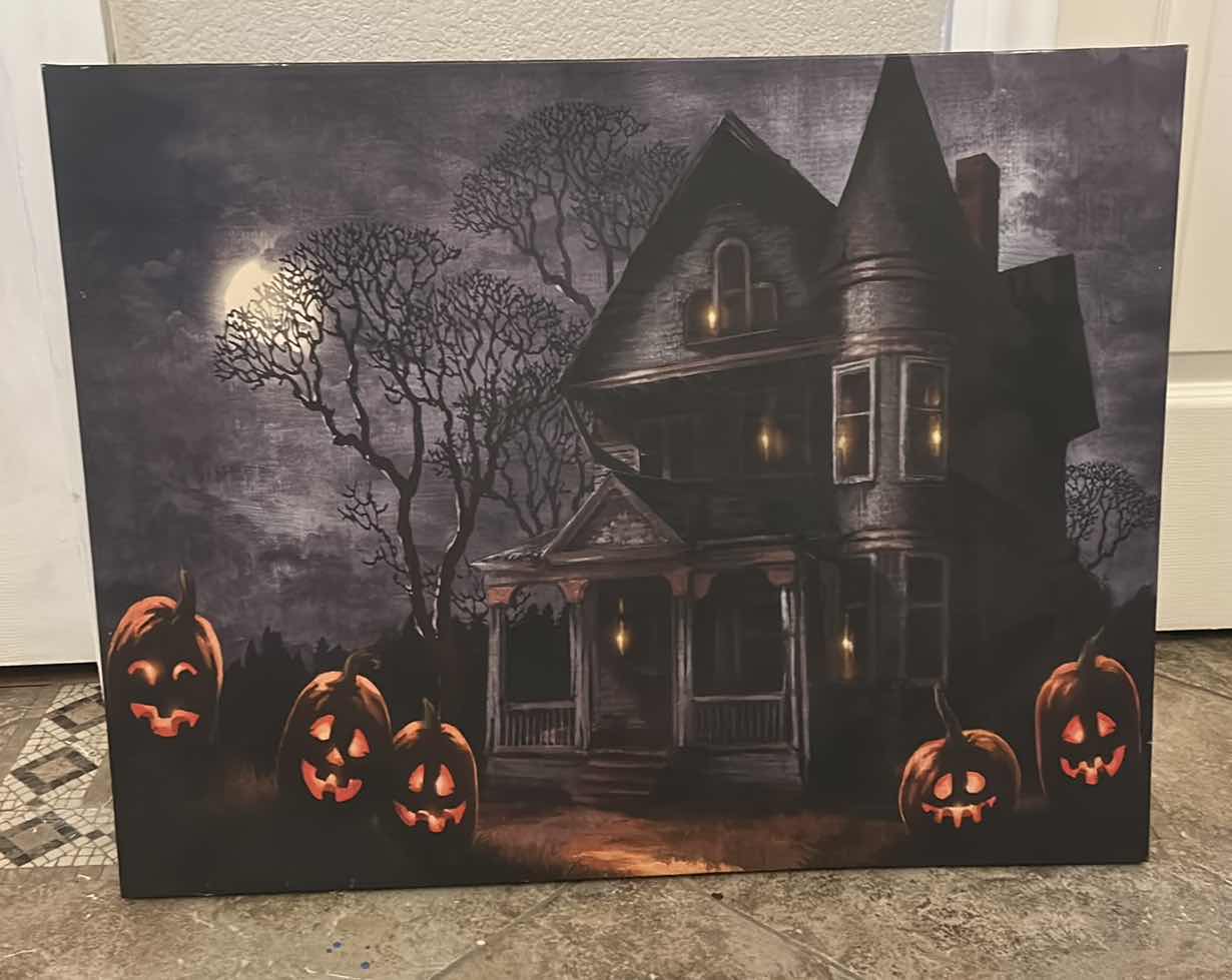 Photo 1 of STRETCHED CANVAS BATTERY OPERATED LIGHT UP HAUNTED HOUSE ARTWORK 25 1/2” x H20”