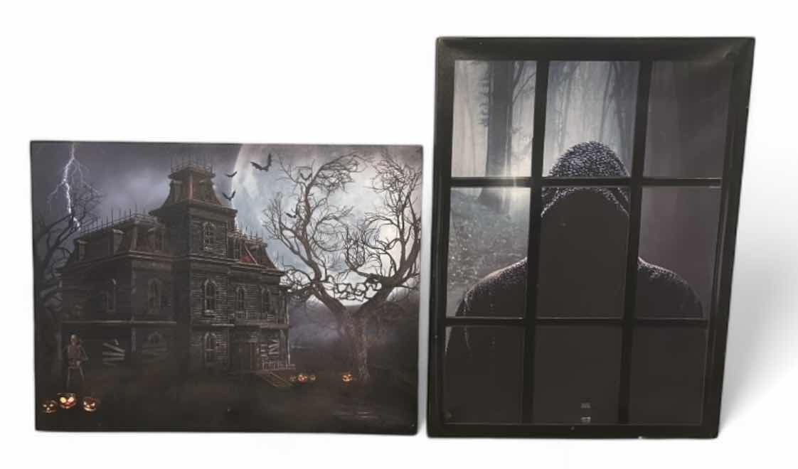 Photo 1 of 2 - STRETCHED CANVAS BATTERY OPERATED LIGHT UP HAUNTED HOUSE & GRIM REEPER ARTWORK FOR HALLOWEEN AND MORE 20” x H15”