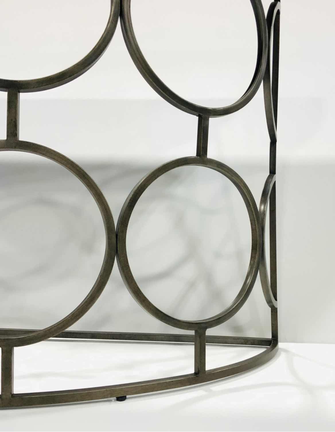 Photo 1 of OLYMPIA WHITE MARBLE AND OLD IRON DEMILUNE SOFA TABLE / CONSOLE TABLE 55“ x 18“ x H29 1/2“.