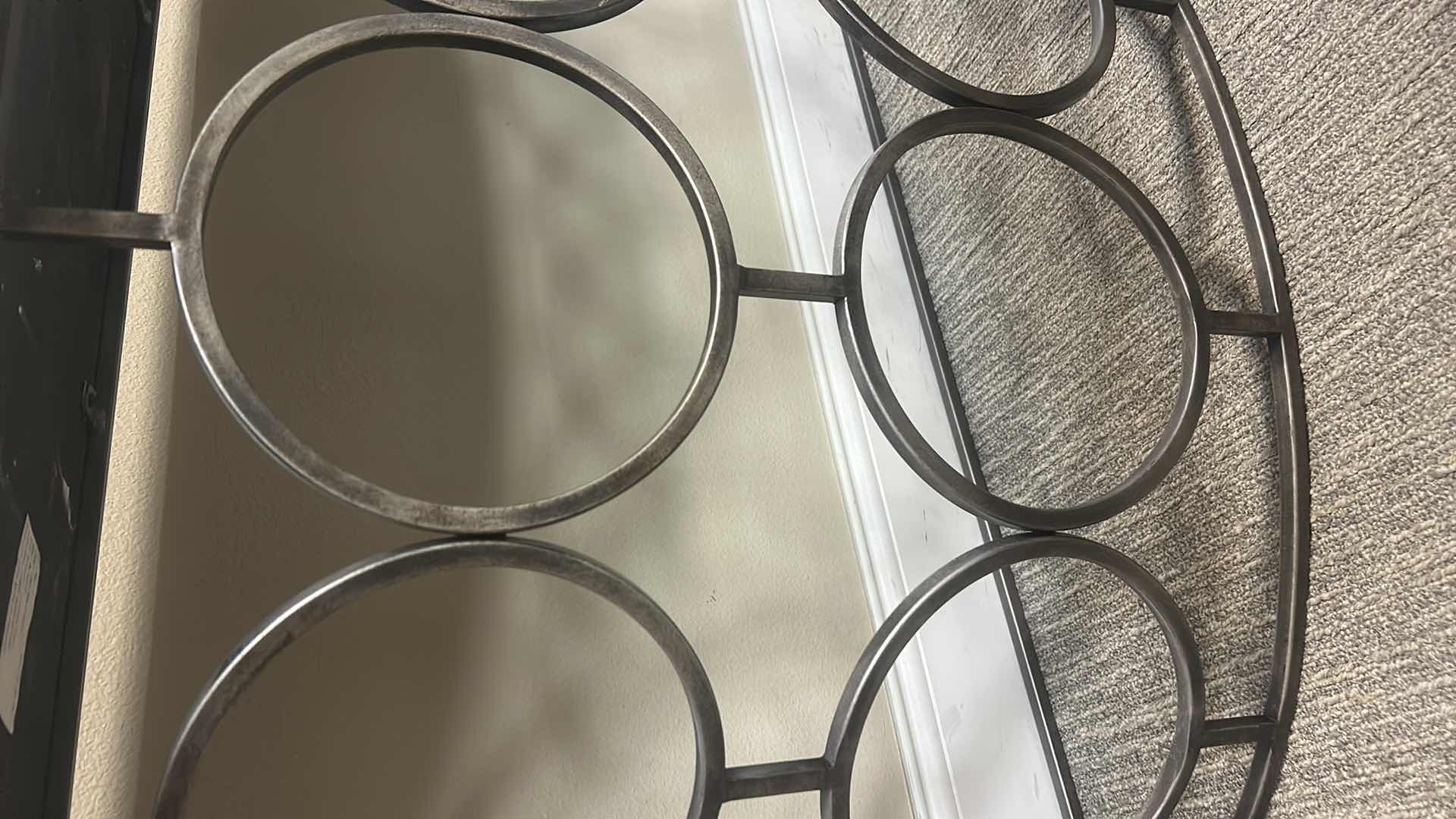 Photo 1 of OLYMPIA WHITE MARBLE AND OLD IRON DEMILUNE SOFA TABLE / CONSOLE TABLE 55“ x 18“ x H29 1/2“.