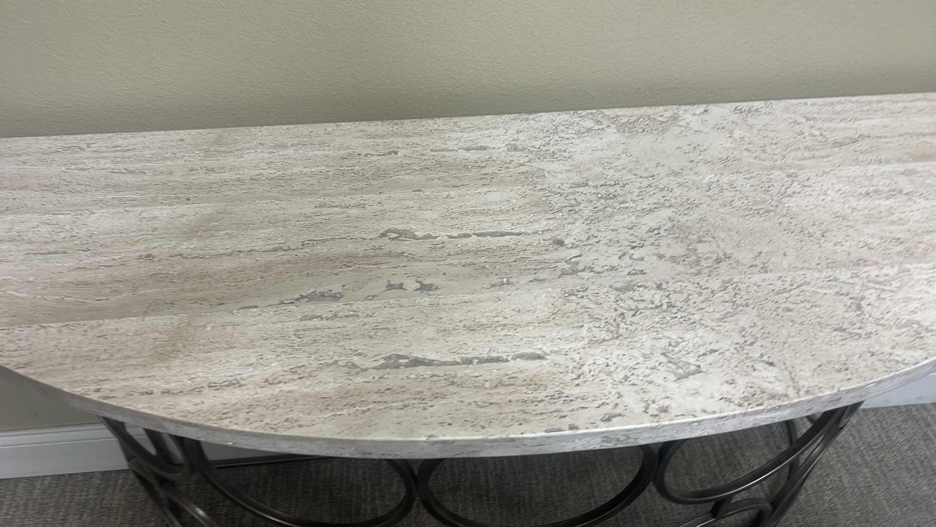 Photo 1 of OLYMPIA WHITE MARBLE AND OLD IRON DEMILUNE SOFA TABLE / CONSOLE TABLE 55“ x 18“ x H29 1/2“.