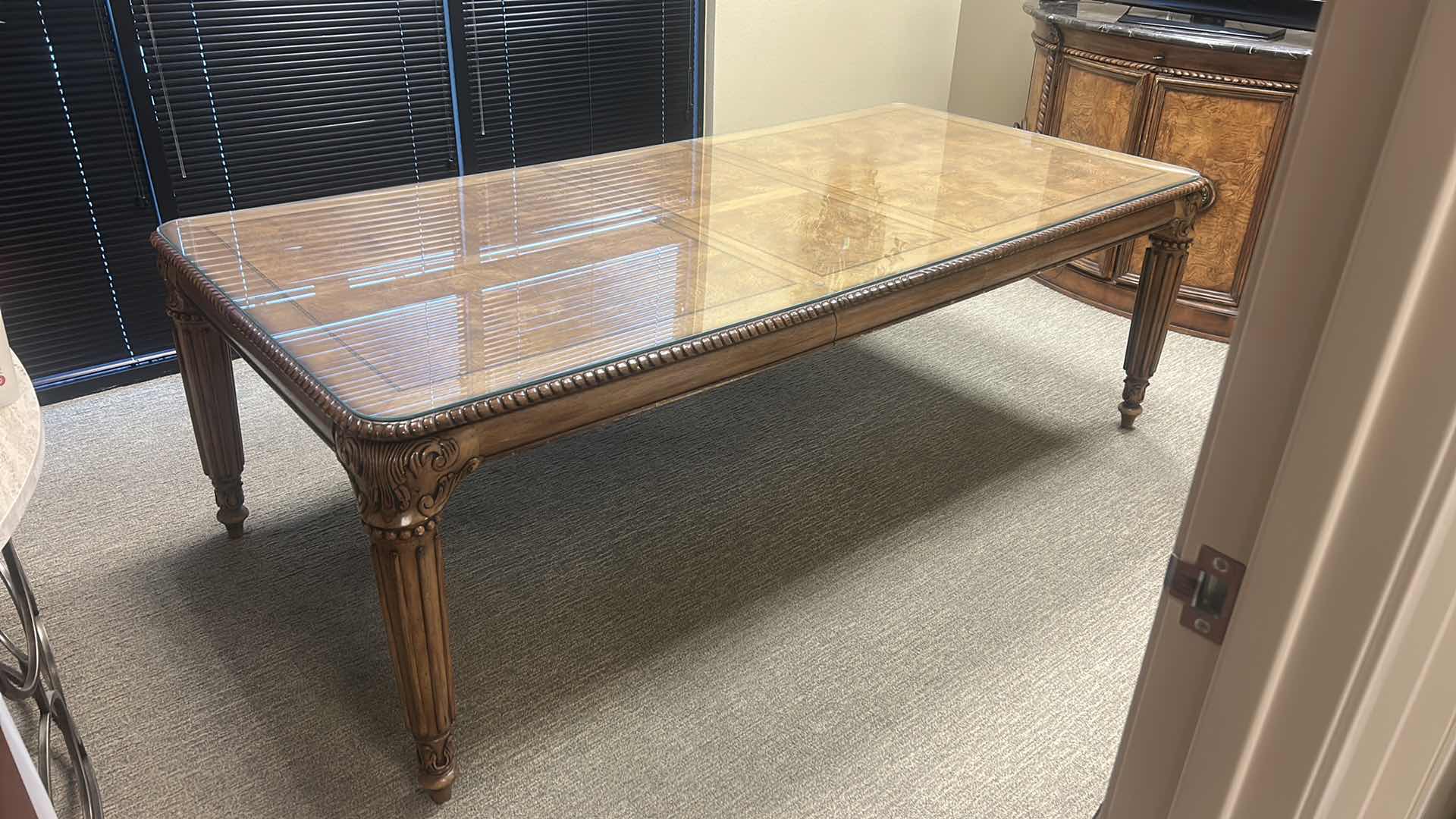 Photo 1 of LOUIS XVI STYLE WOOD DINING TABLE WITH GLASS TOP 92“ x 44 1/2“ x H30 1/2“ PLUS ADDITIONAL 18” LEAF