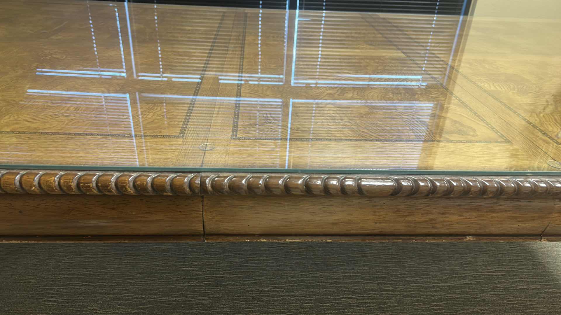 Photo 1 of LOUIS XVI STYLE WOOD DINING TABLE WITH GLASS TOP 92“ x 44 1/2“ x H30 1/2“ PLUS ADDITIONAL 18” LEAF