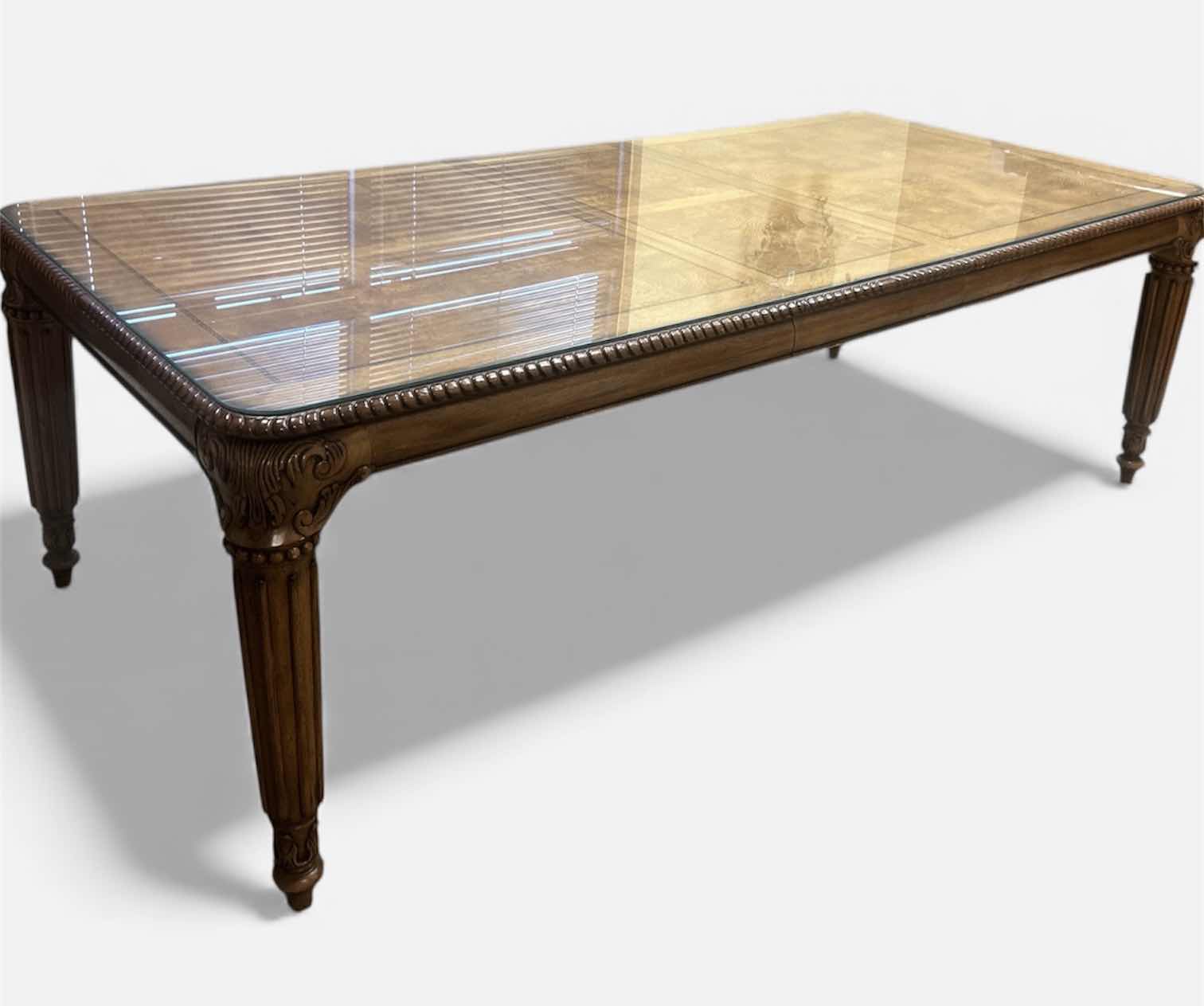 Photo 1 of LOUIS XVI STYLE WOOD DINING TABLE WITH GLASS TOP 92“ x 44 1/2“ x H30 1/2“ PLUS ADDITIONAL 18” LEAF