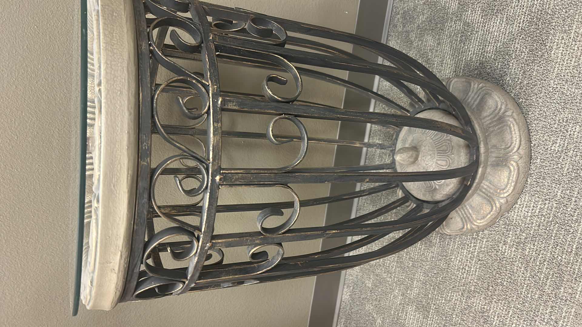 Photo 1 of ORNATE METAL AND GLASS ACCENT TABLE 18” X H36”