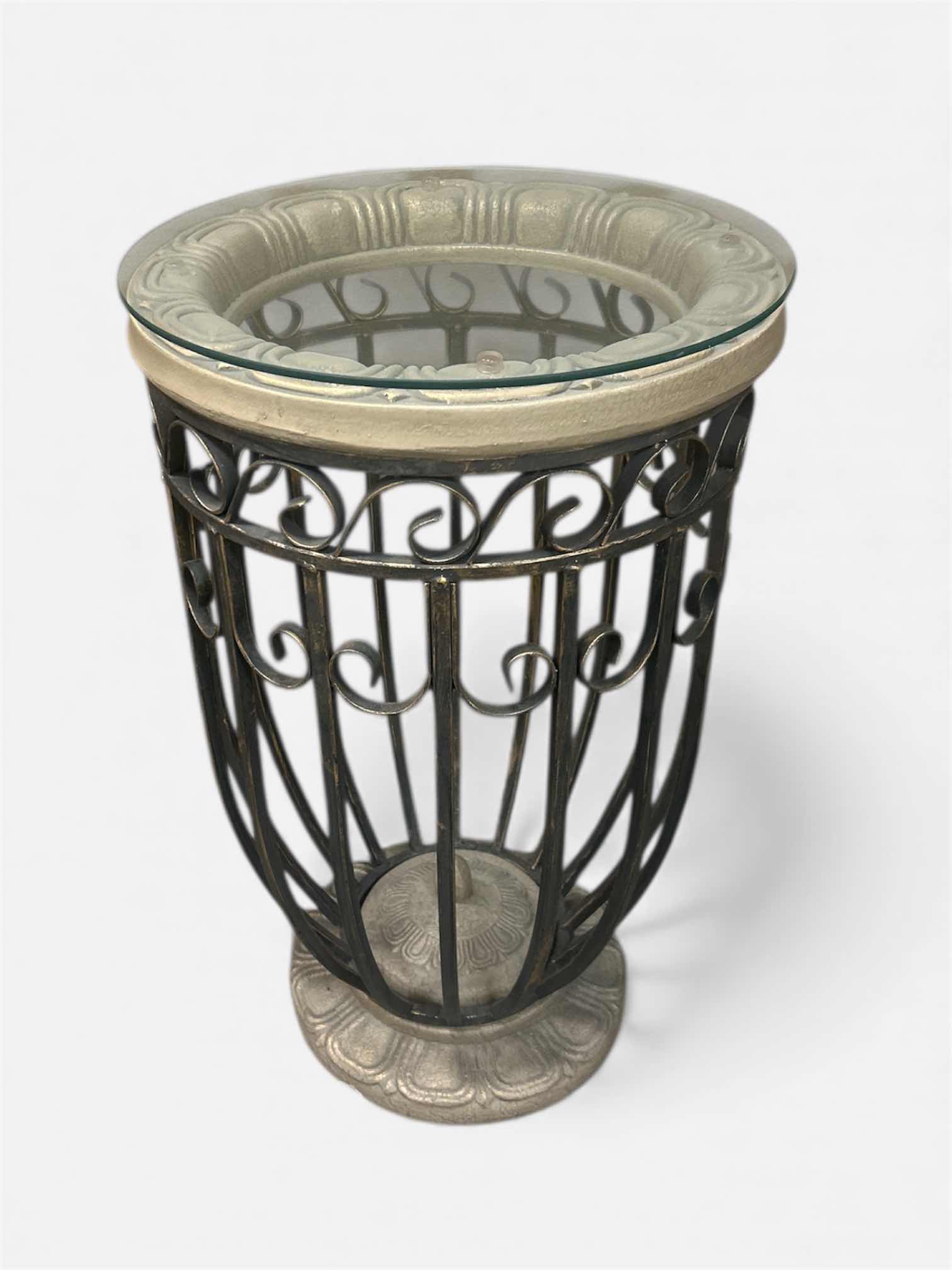 Photo 1 of ORNATE METAL AND GLASS ACCENT TABLE 18” X H36”