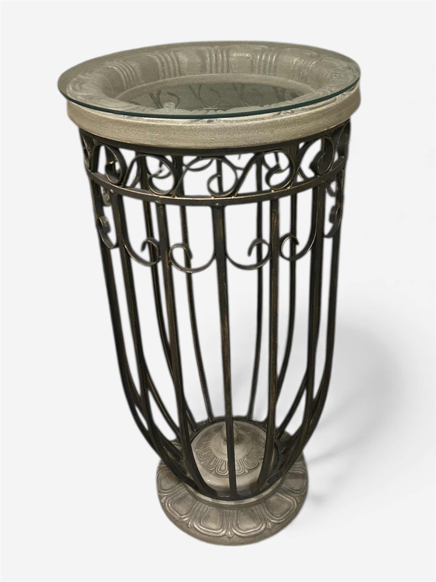 Photo 1 of ORNATE METAL AND GLASS ACCENT TABLE 18” x H35 1/2”