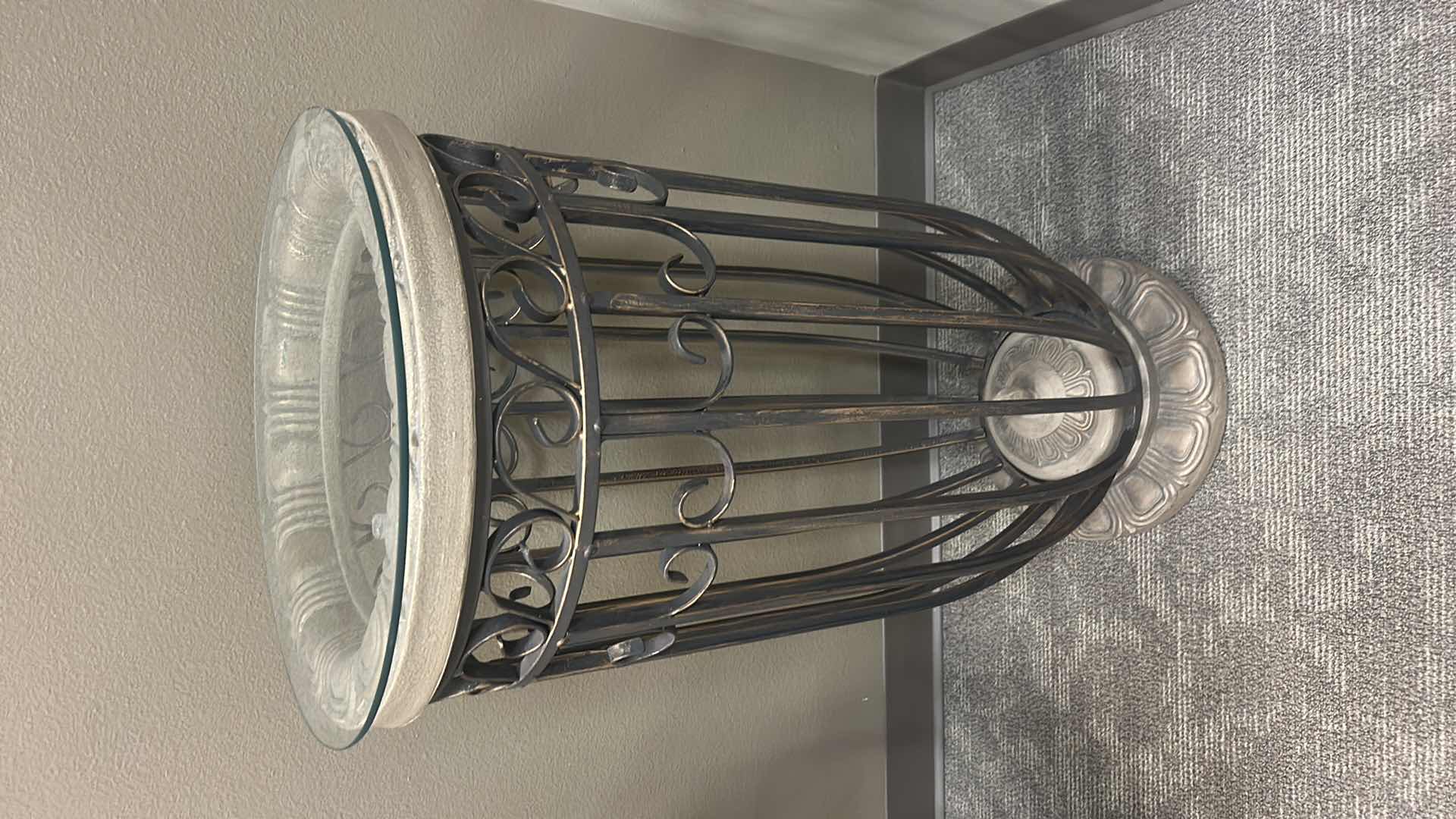 Photo 1 of ORNATE METAL AND GLASS ACCENT TABLE 18” x H35 1/2”