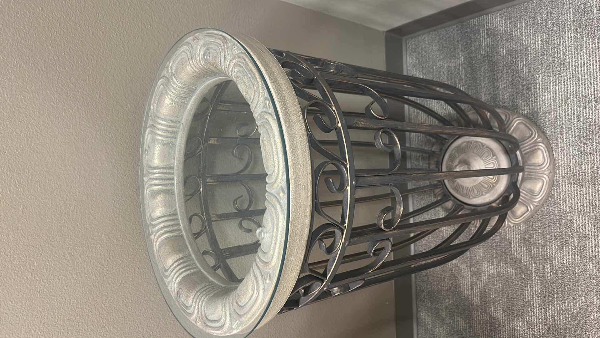 Photo 1 of ORNATE METAL AND GLASS ACCENT TABLE 18” x H35 1/2”