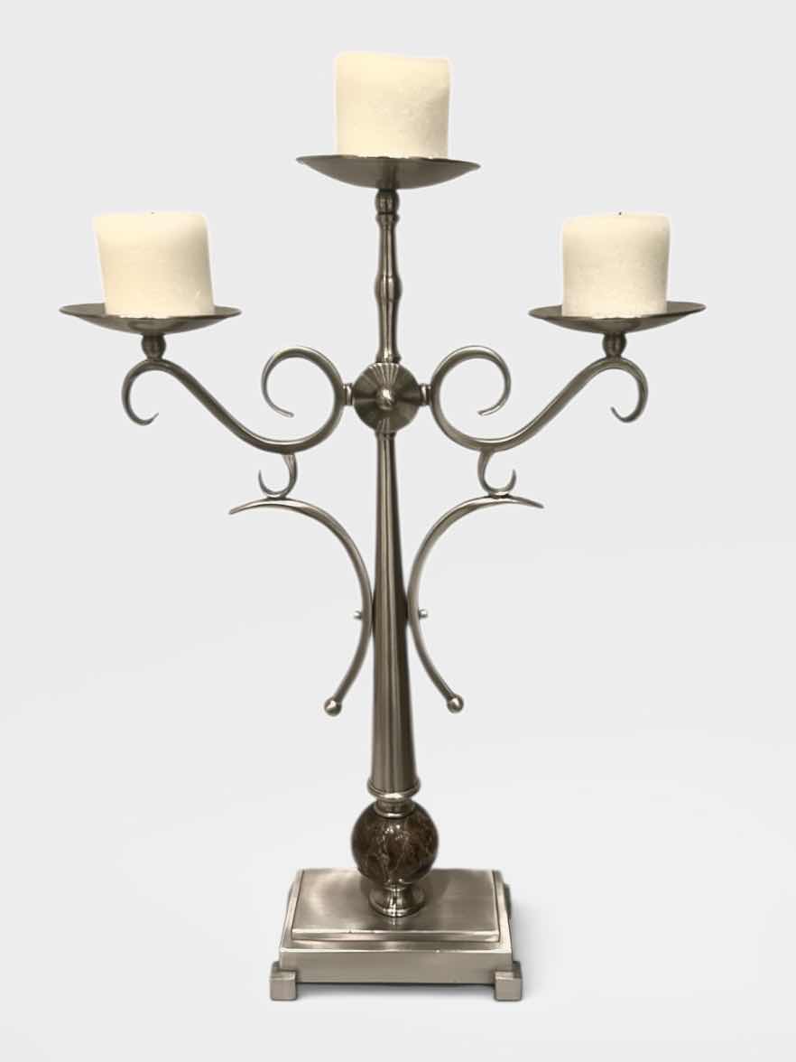 Photo 1 of - METAL THREE-ARM CANDELABRA, POSSIBLY WITH A PEWTER, SILVER, OR BRUSHED METAL FINISH. H26”