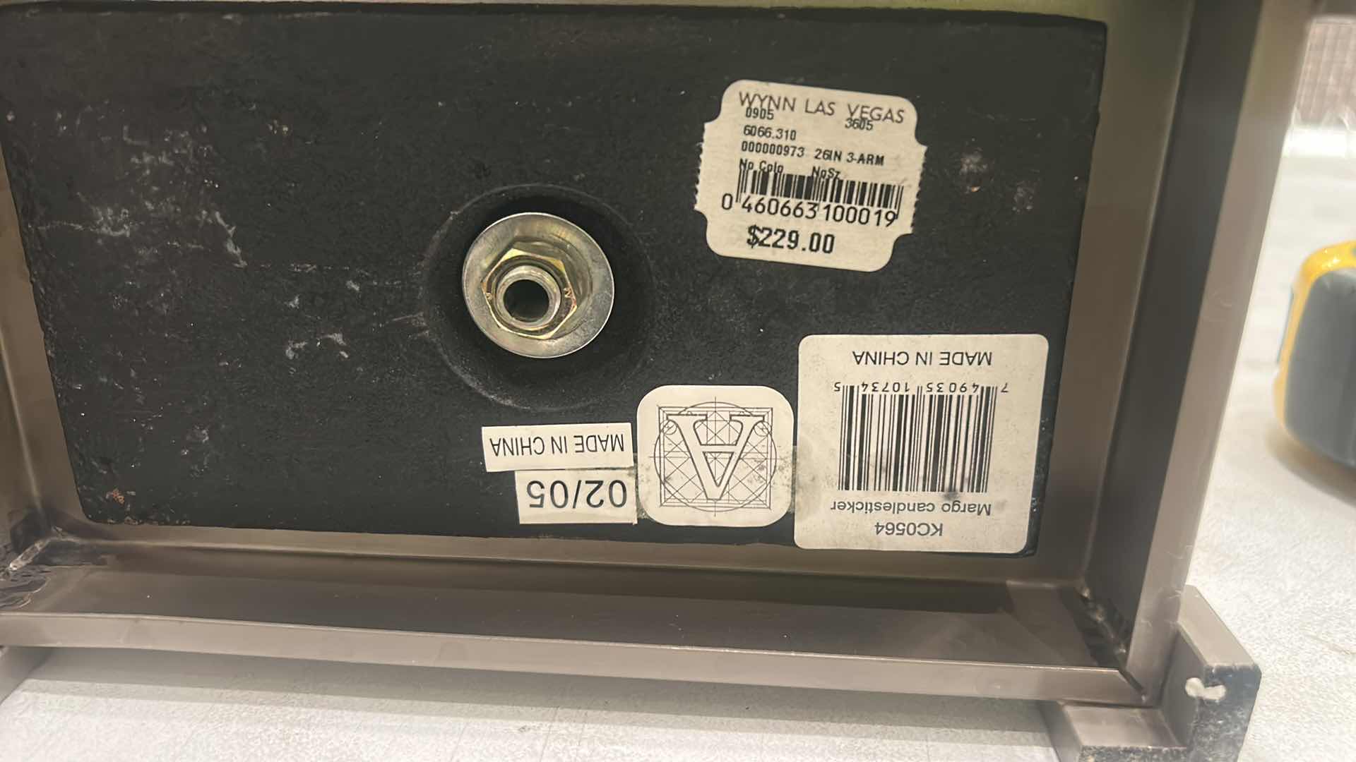 Photo 1 of - METAL THREE-ARM CANDELABRA, POSSIBLY WITH A PEWTER, SILVER, OR BRUSHED METAL FINISH. H26”