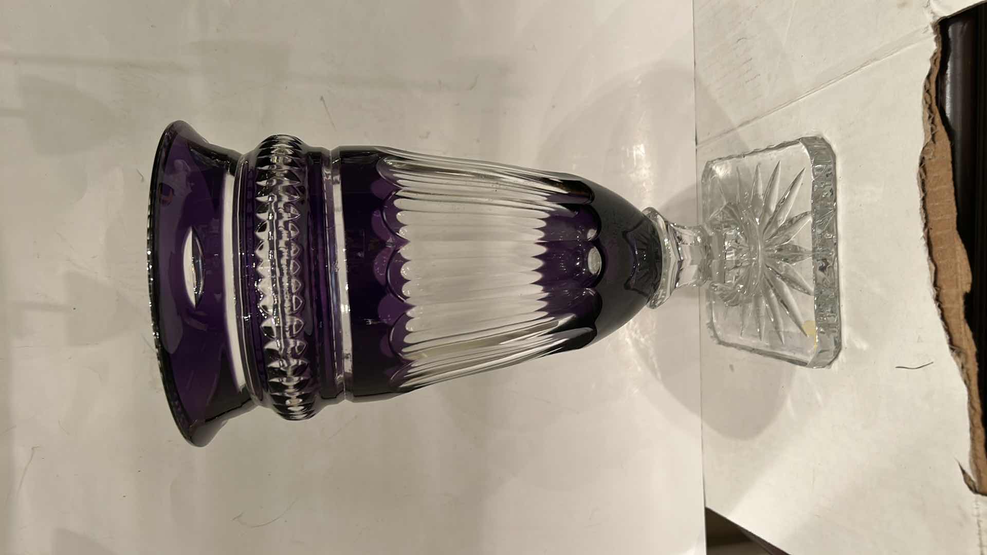 Photo 1 of BOHEMIAN (CZECH) CUT-TO-CLEAR CRYSTAL, SPECIFICALLY AN AMETHYST CUT-TO-CLEAR VASE. H13.5”