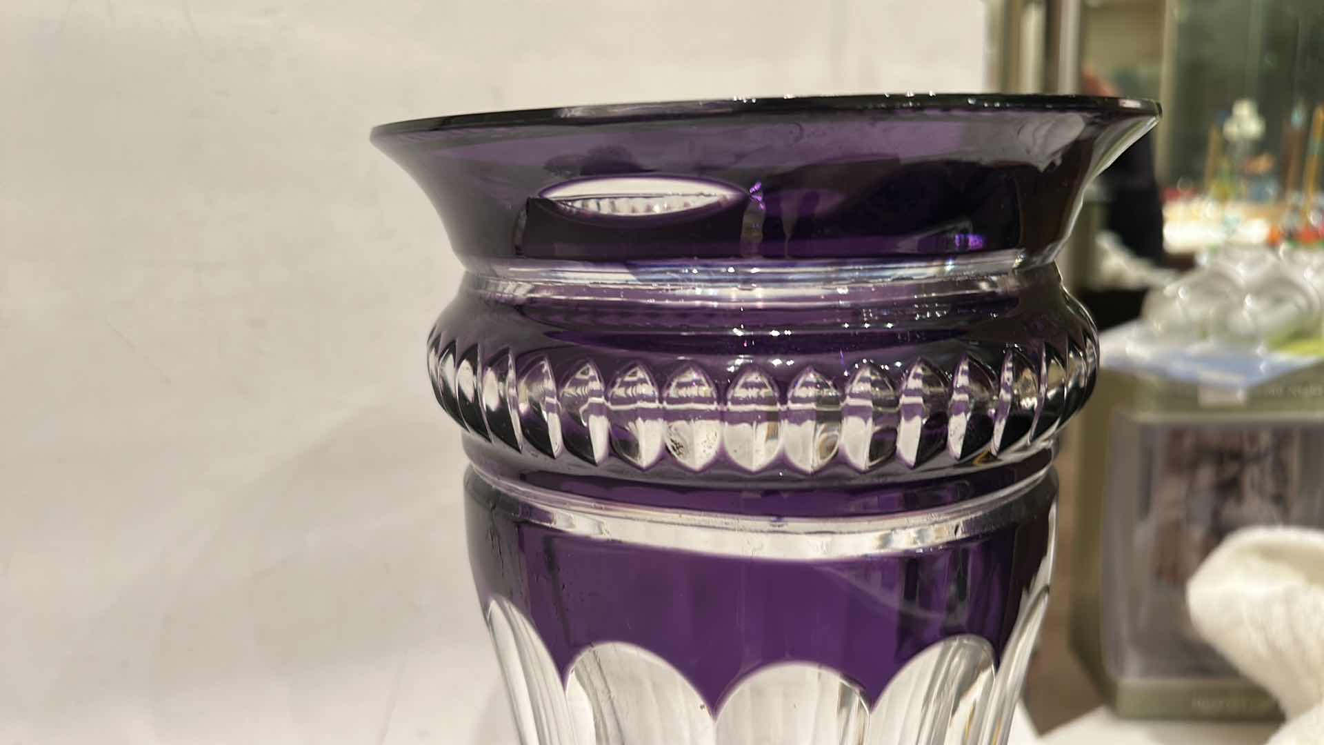 Photo 1 of BOHEMIAN (CZECH) CUT-TO-CLEAR CRYSTAL, SPECIFICALLY AN AMETHYST CUT-TO-CLEAR VASE. H13.5”