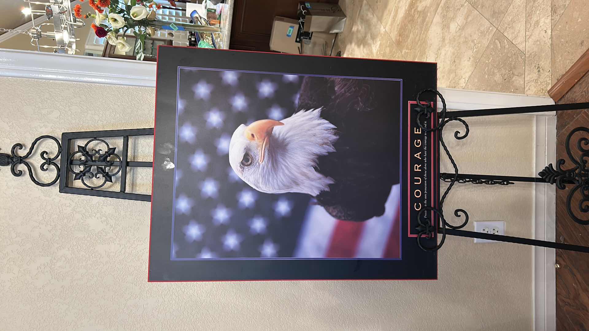 Photo 1 of FRAMED, BALD EAGLE MOTIVATIONAL POSTER PRINT FEATURING A PATRIOTIC IMAGE OF AN EAGLE SET AGAINST AN AMERICAN FLAG BACKGROUND WITH THE WORD “COURAGE” BELOW., ARTWORK 22” x H28”
