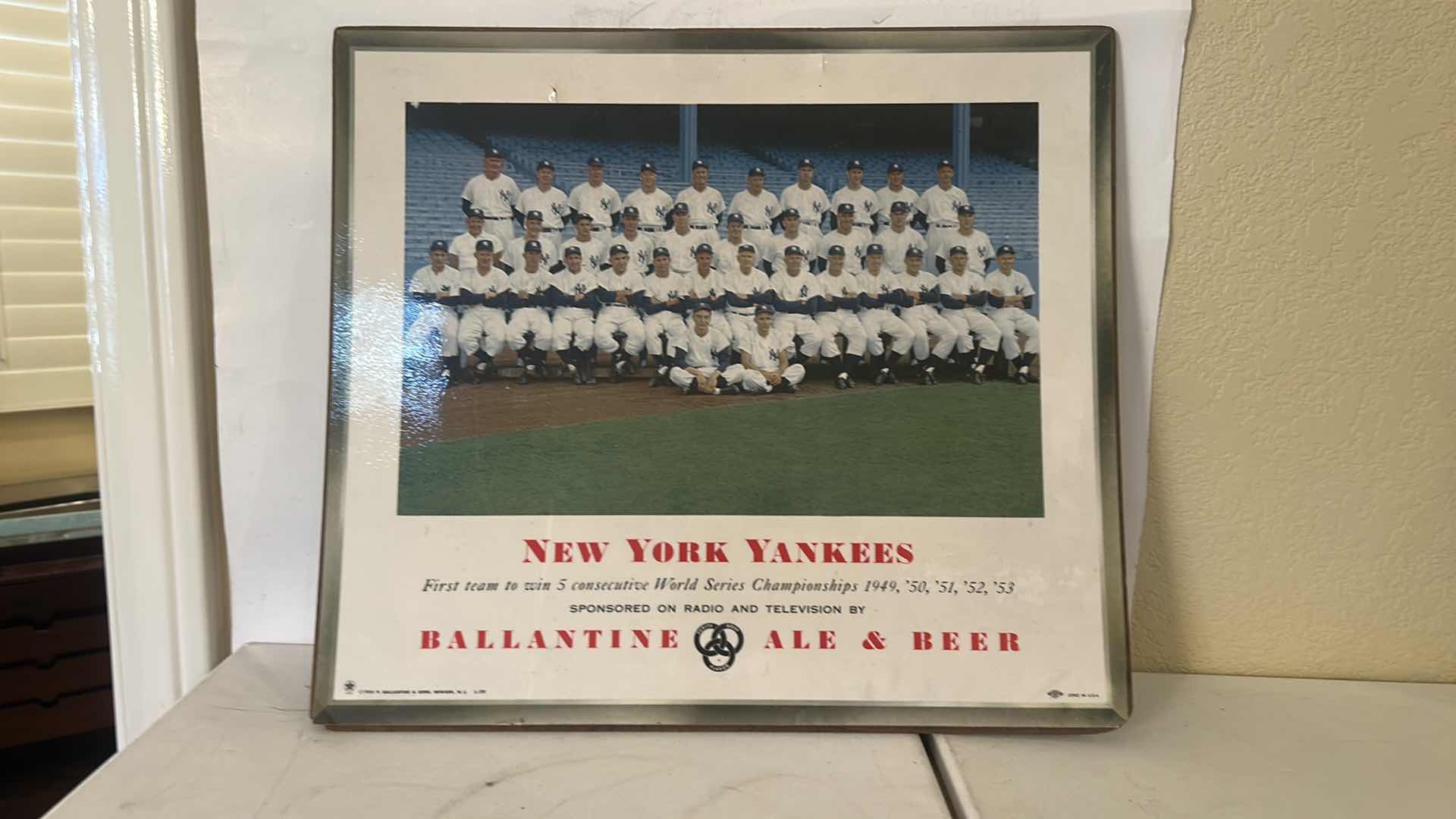 Photo 1 of NEW YORK YANKEES BALLANTINE BEER TEAM PHOTO DISPLAY MASONITE BOARD 7.5” x 15.5”