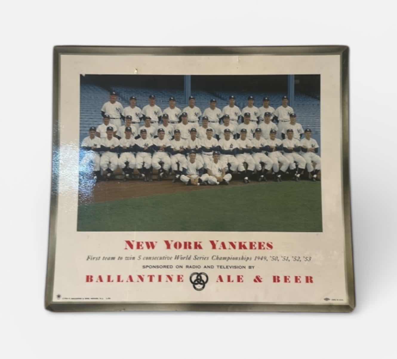 Photo 1 of NEW YORK YANKEES BALLANTINE BEER TEAM PHOTO DISPLAY MASONITE BOARD 7.5” x 15.5”