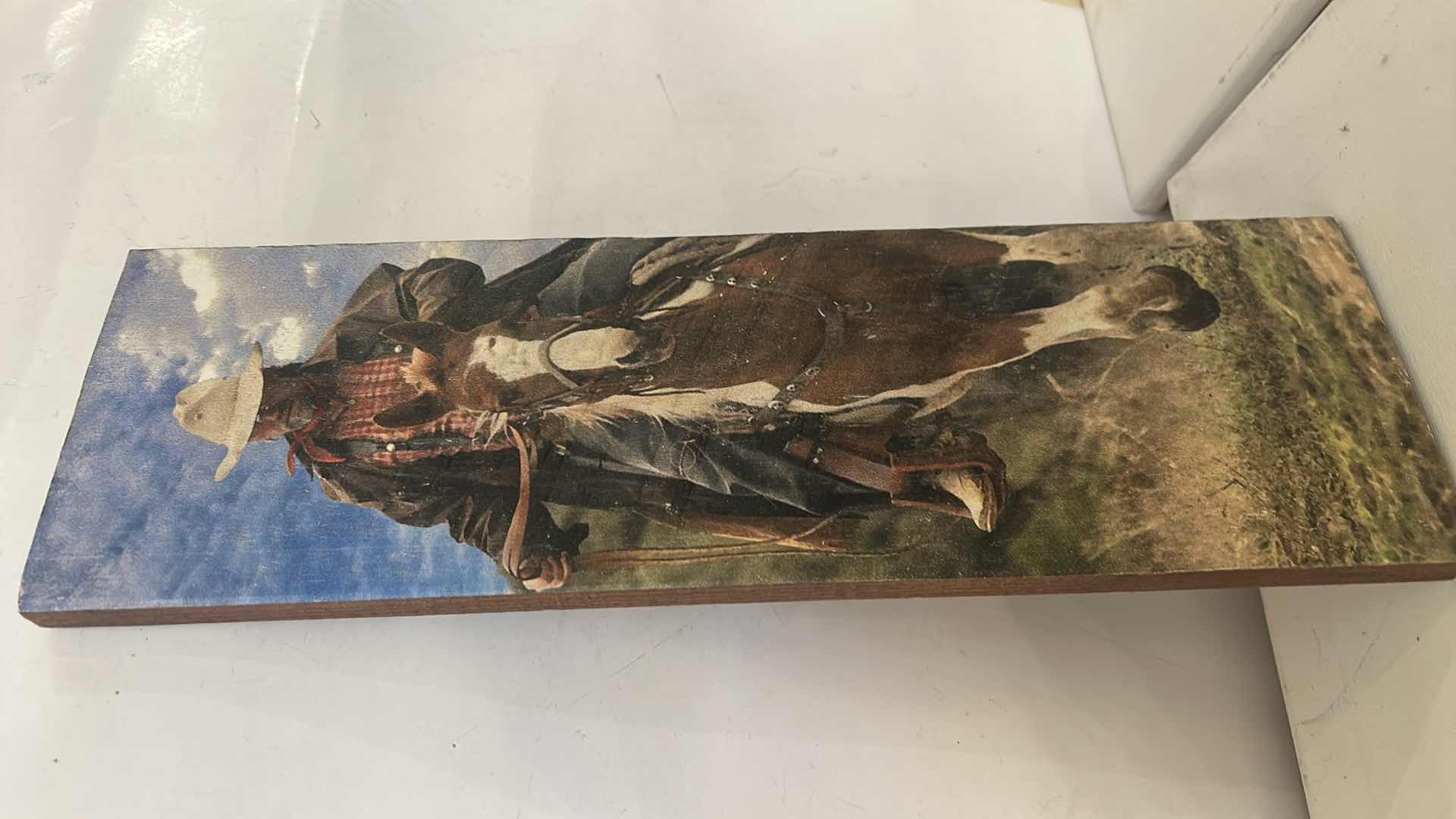 Photo 1 of PAINTED “WESTERN COWBOY ON HORSEBACK” ON WOOD SLAT, ARTWORK 5 1/2” x H18”