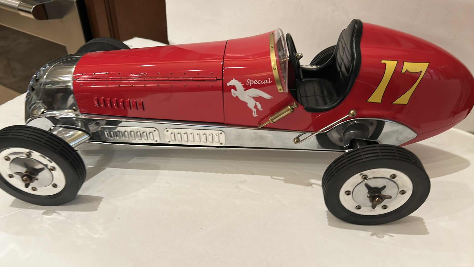 Photo 1 of $525 - DETAILED REPLICA MODEL OF A 1930S BB KORN TETHER CAR, ALSO KNOWN AS A SPINDIZZY RACER, CREATED BY AUTHENTIC MODELS.
THE MODEL IS HAND-BUILT AND HANDCRAFTED FROM POLISHED CAST ALUMINUM AND BRASS. 21” x 7 1/2”