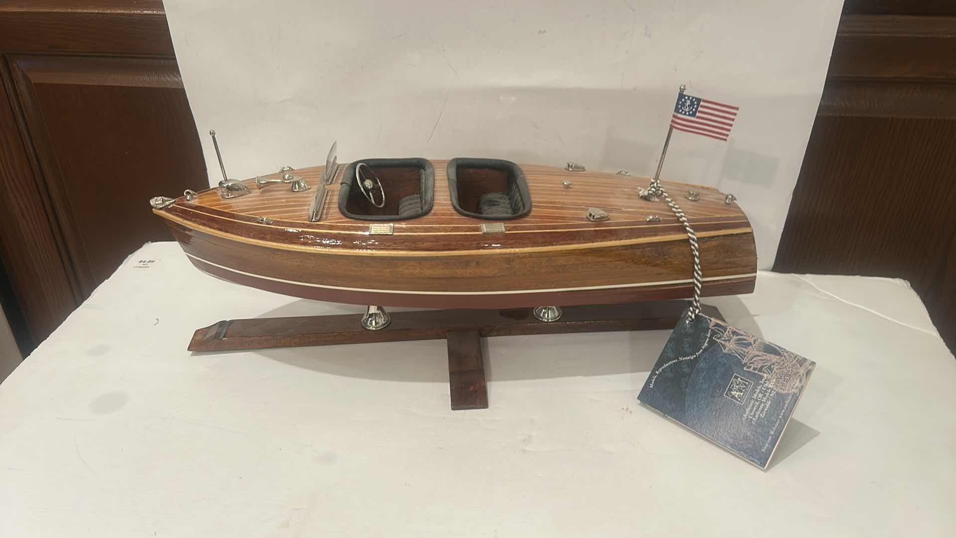 Photo 1 of HANDCRAFTED WOODEN MODEL OF A CHRIS-CRAFT RUNABOUT OR “BARREL BACK” STYLE MOTORBOAT 17 1/2” x 7”