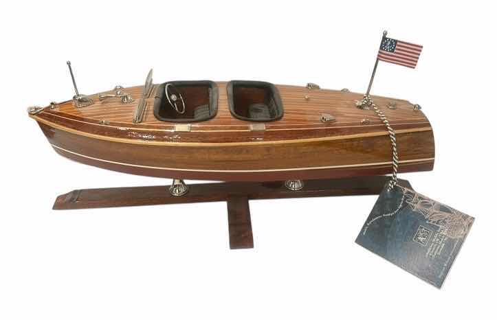 Photo 1 of HANDCRAFTED WOODEN MODEL OF A CHRIS-CRAFT RUNABOUT OR “BARREL BACK” STYLE MOTORBOAT 17 1/2” x 7”