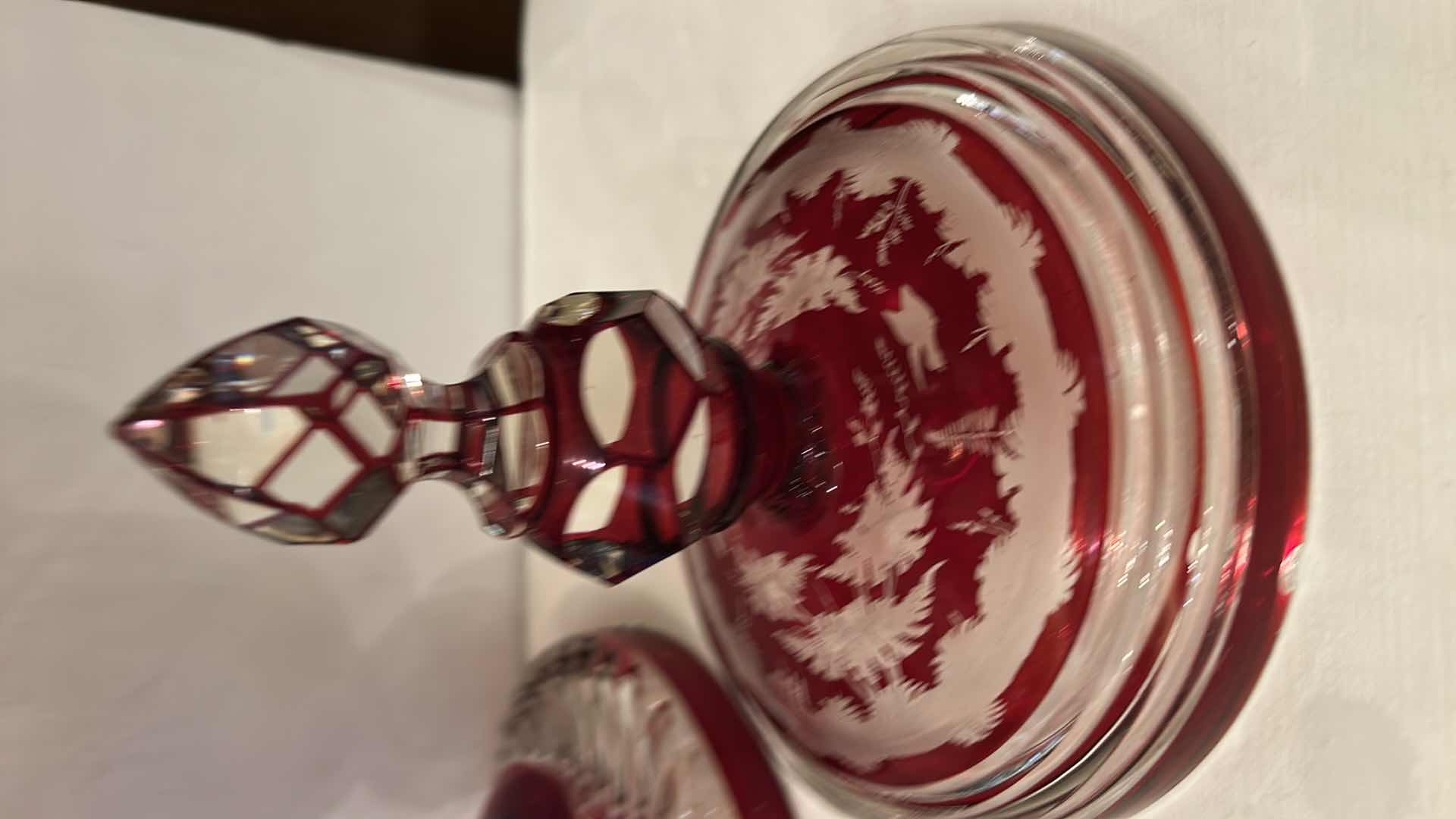 Photo 1 of ANTIQUE LARGE BOHEMIAN RUBY STAINED CUT-TO-CLEAR STAG HUNTING SCENE URN VASE H17”