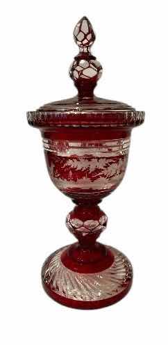 Photo 1 of ANTIQUE LARGE BOHEMIAN RUBY STAINED CUT-TO-CLEAR STAG HUNTING SCENE URN VASE H17”