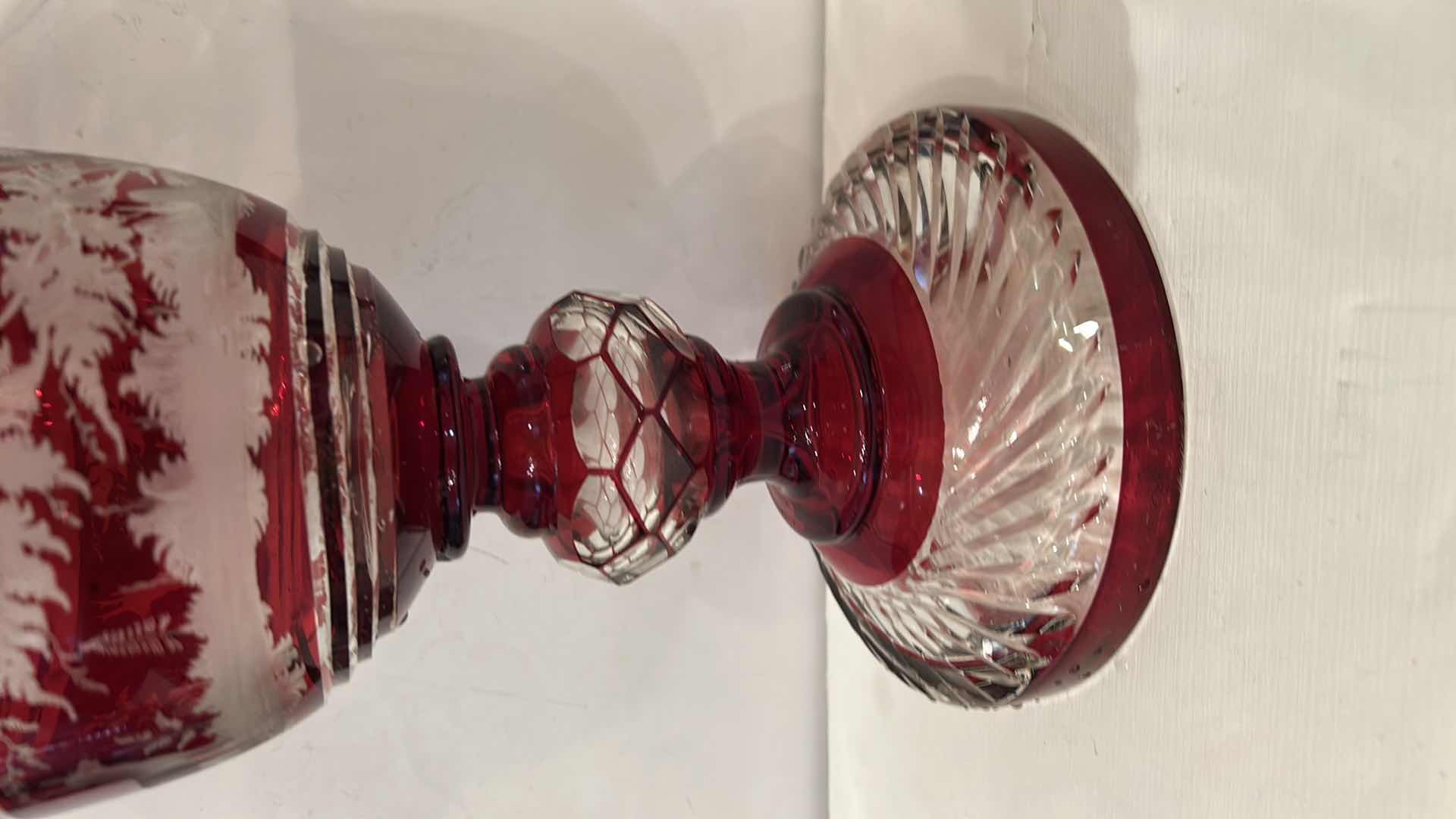 Photo 1 of ANTIQUE LARGE BOHEMIAN RUBY STAINED CUT-TO-CLEAR STAG HUNTING SCENE URN VASE H17”