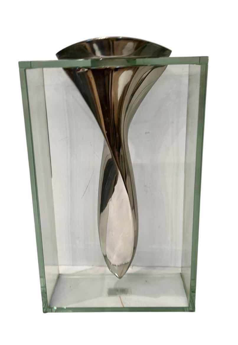 Photo 1 of MORI TWISTED TORNADO VASE MADE OF POLISHED CAST ALUMINUM AND BOXED GLASS H13 1/2”