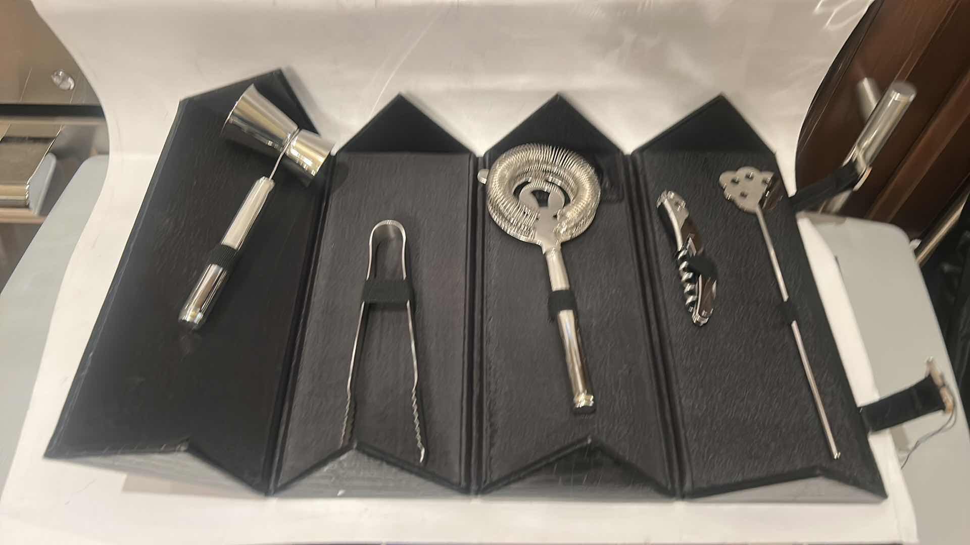 Photo 1 of BLACK LEATHER CASE WITH BAR ACCESSORIES / COCKTAIL ACCESSORIES.