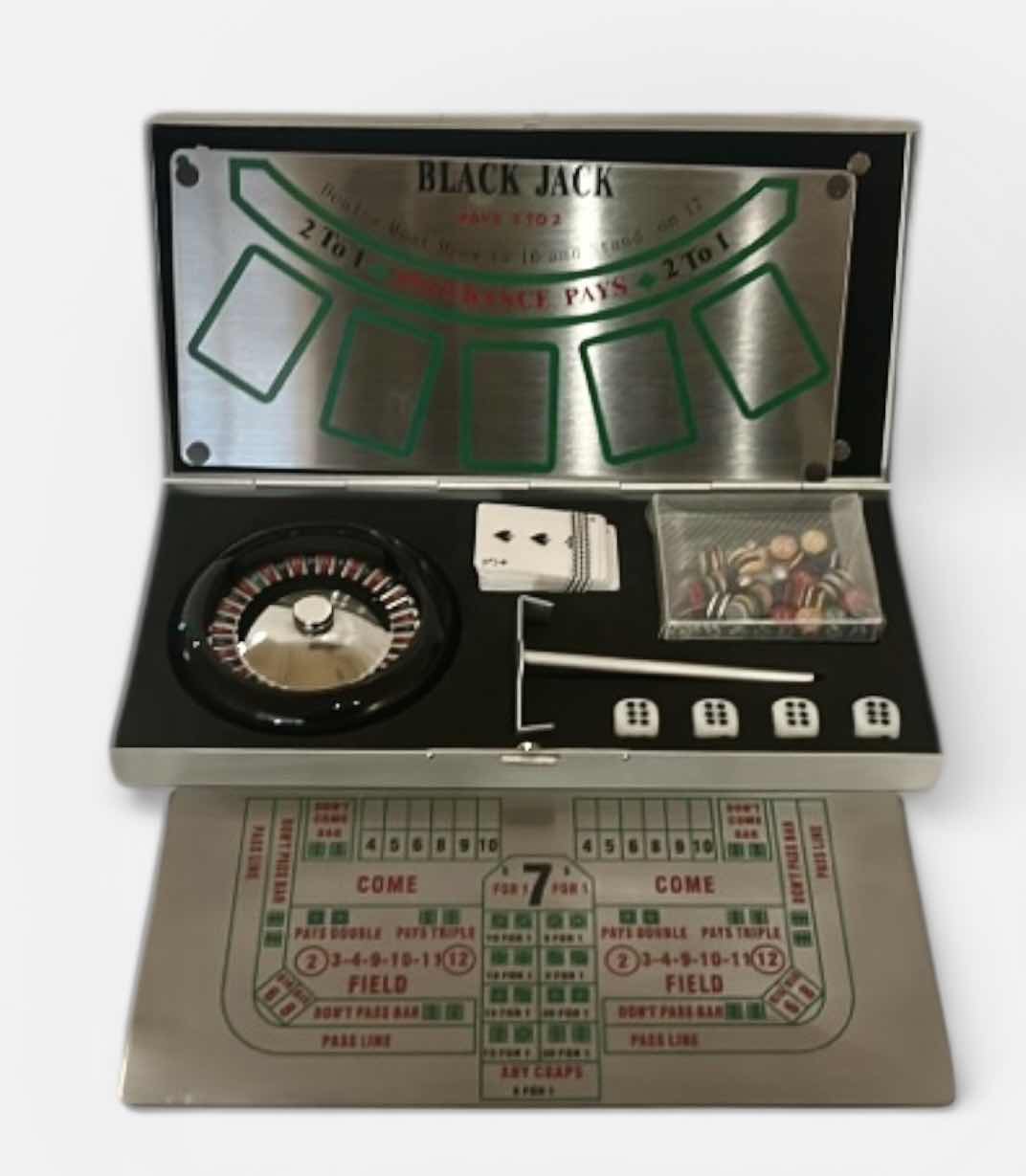 Photo 1 of MINIATURE GAMBLING SET IN METAL BOX, INCLUDING ROULETTE, CRAPS, AND BLACKJACK. 9” x H4 1/4”