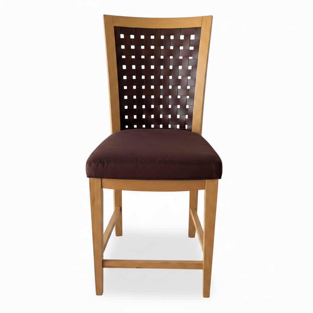 Photo 1 of NATHAN JAMES COHEN MID CENTURY BAR STOOL W BROWN WOVEN LEATHER BACK SEAT H21.5” TOTAL STOOL H42”