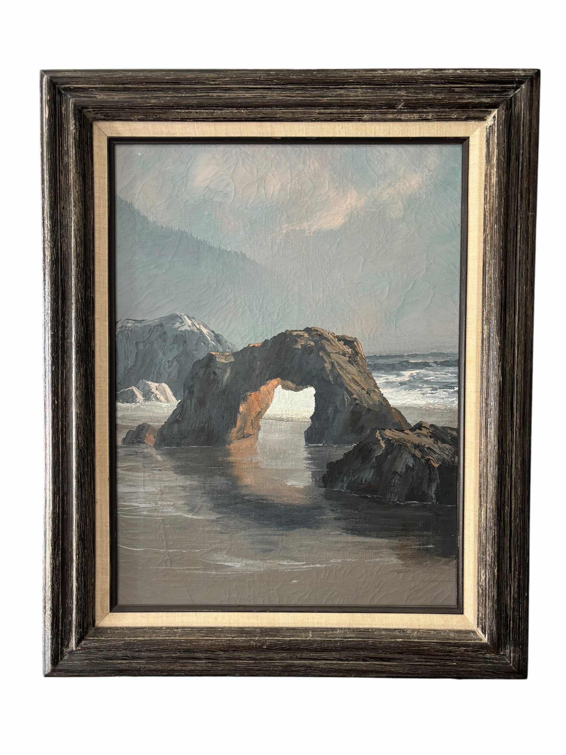 Photo 1 of FRAMED COASTAL LANDSCAPE WALL ART W OCEAN ROCK ARCH SCENE IN DISTRESSED WOOD FRAME PAINTING 25” X 31”
