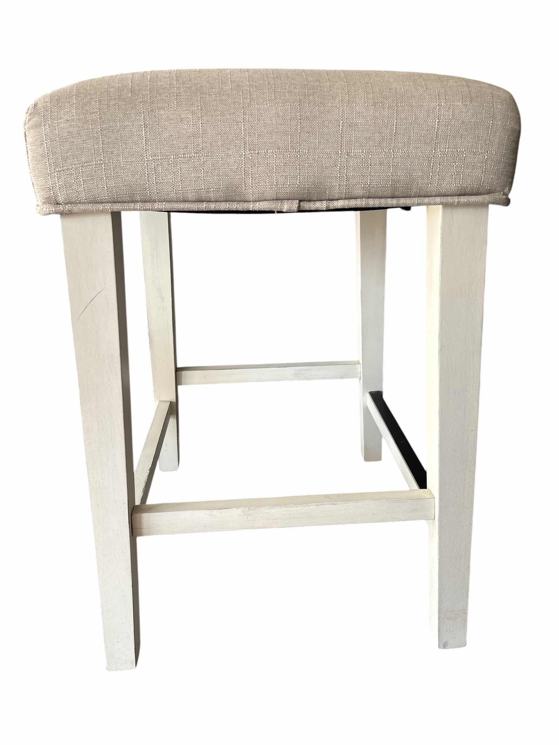 Photo 1 of WHITE ARMEN LIVING HANE BACKLESS WOOD BAR STOOL W BEIGE FABRIC UPHOLSTERED SEAT H23.5”