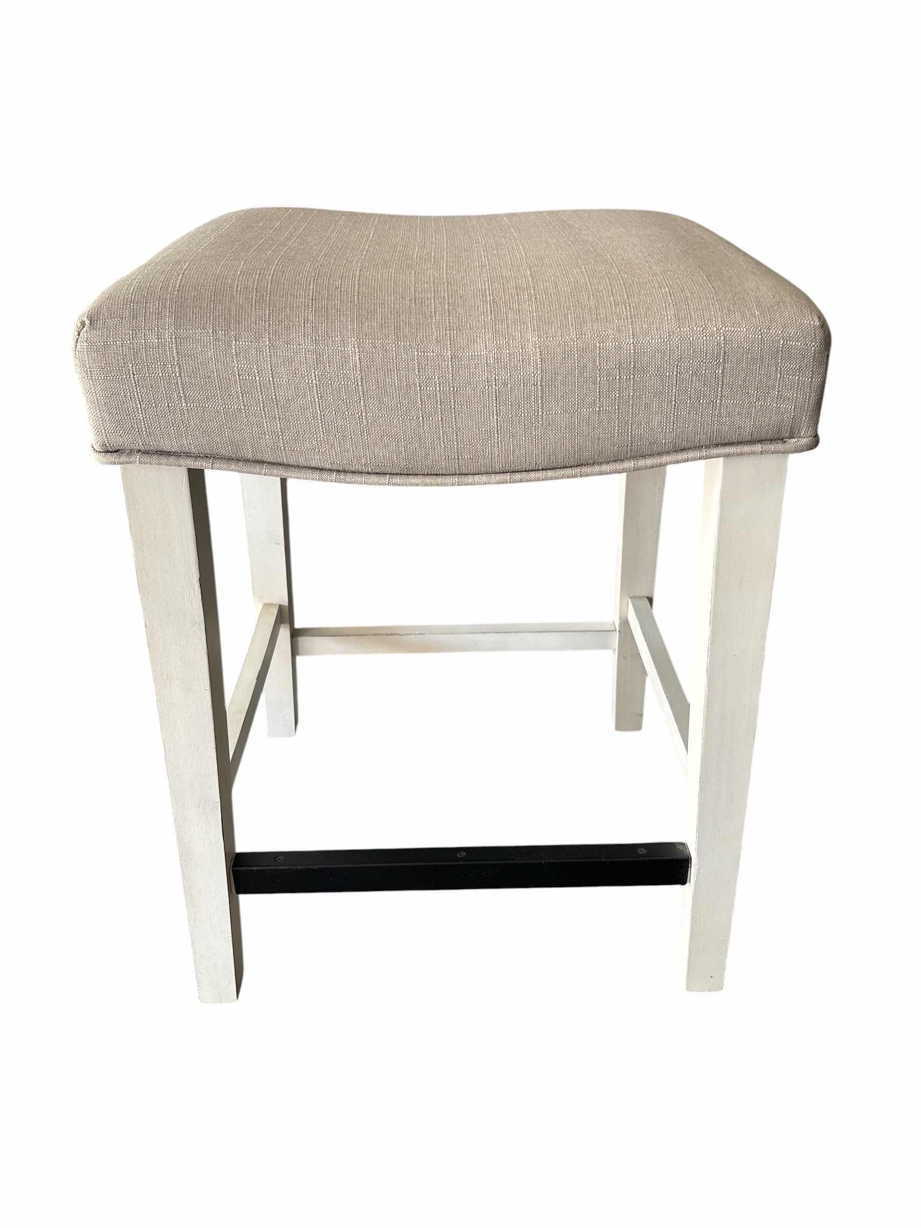 Photo 1 of WHITE ARMEN LIVING HANE BACKLESS WOOD BAR STOOL W BEIGE FABRIC UPHOLSTERED SEAT H23.5”