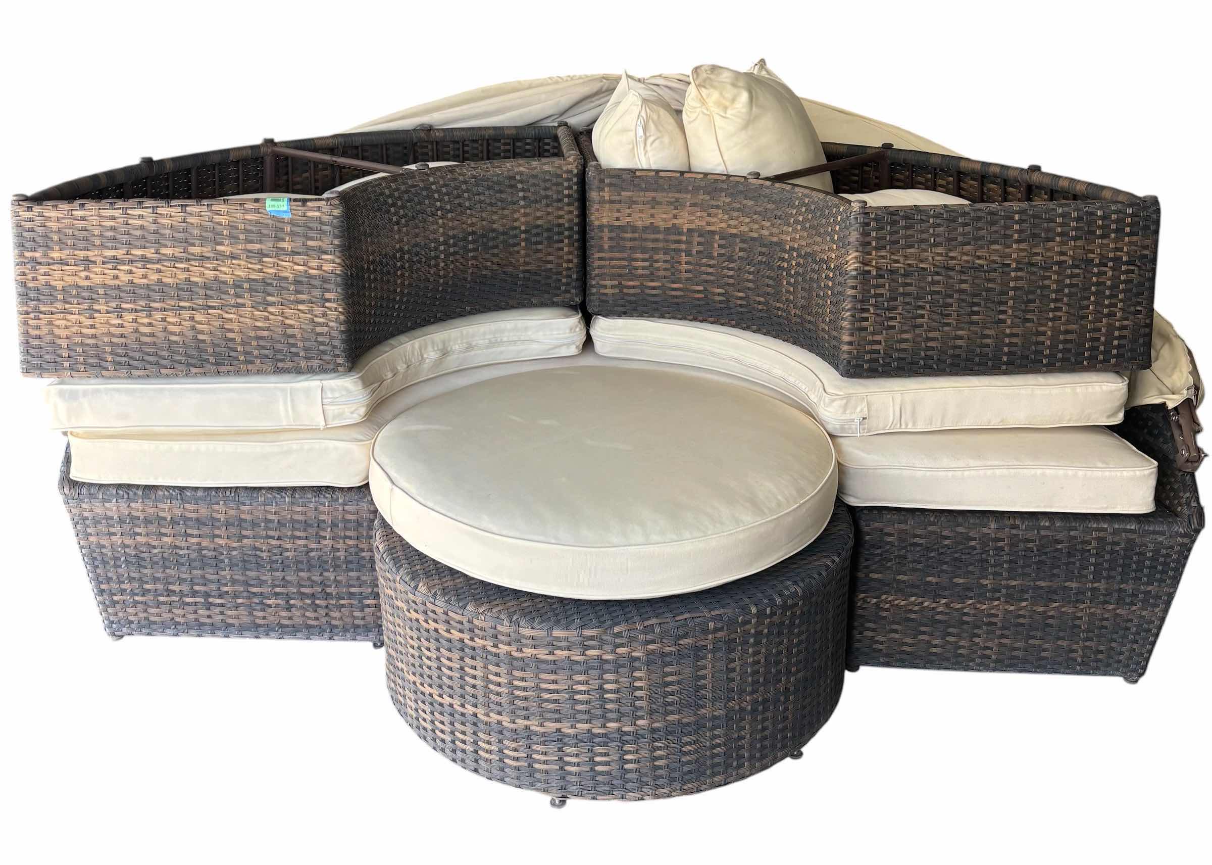 Photo 1 of FRONTGATE CIRCULAR OUTDOOR WICKER DAYBED W LOUNGE RETRACTABLE CANOPY, CREAM CUSHIONS AND MATCHING TABLE PIECES