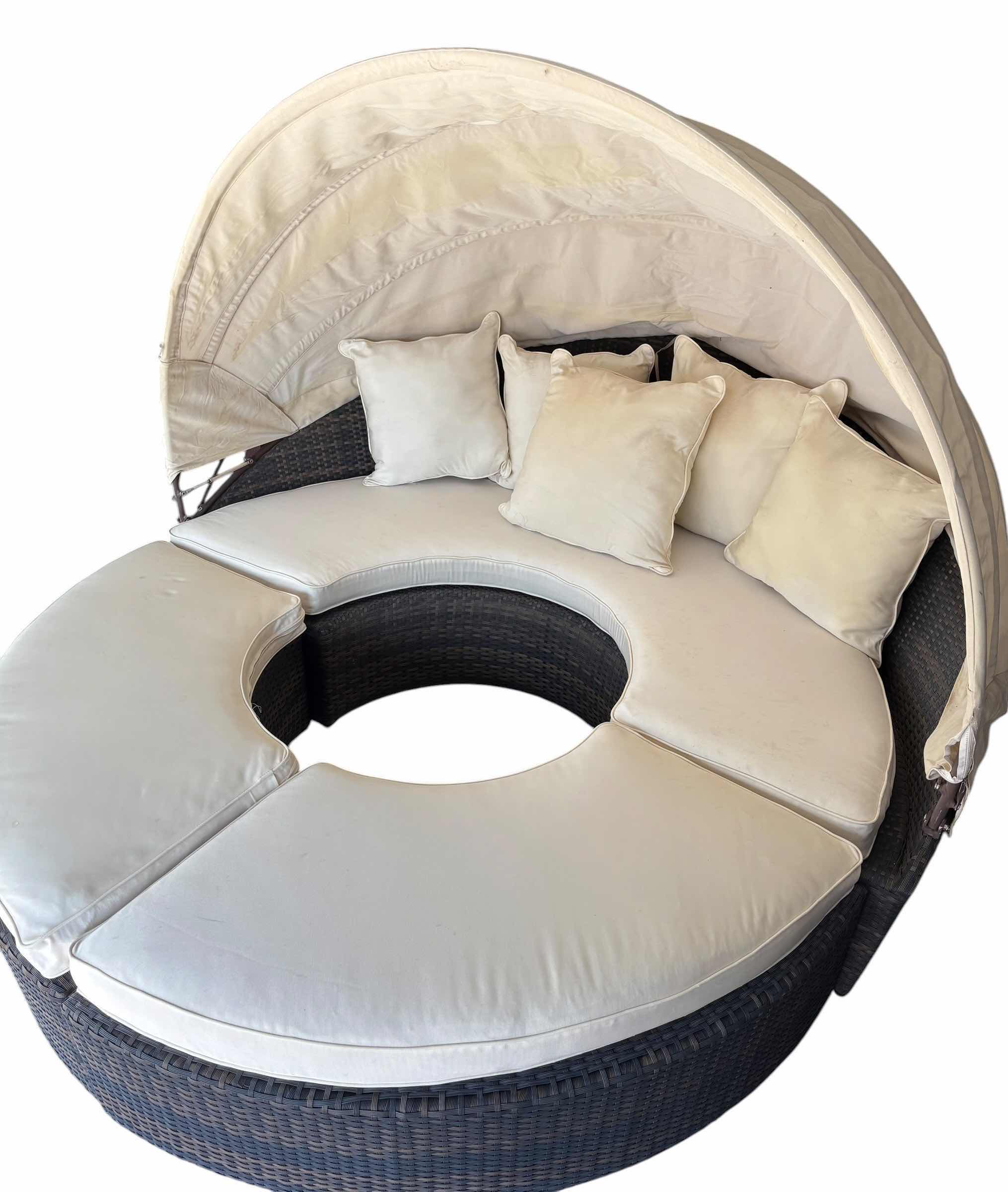 Photo 1 of FRONTGATE CIRCULAR OUTDOOR WICKER DAYBED W LOUNGE RETRACTABLE CANOPY, CREAM CUSHIONS AND MATCHING TABLE PIECES